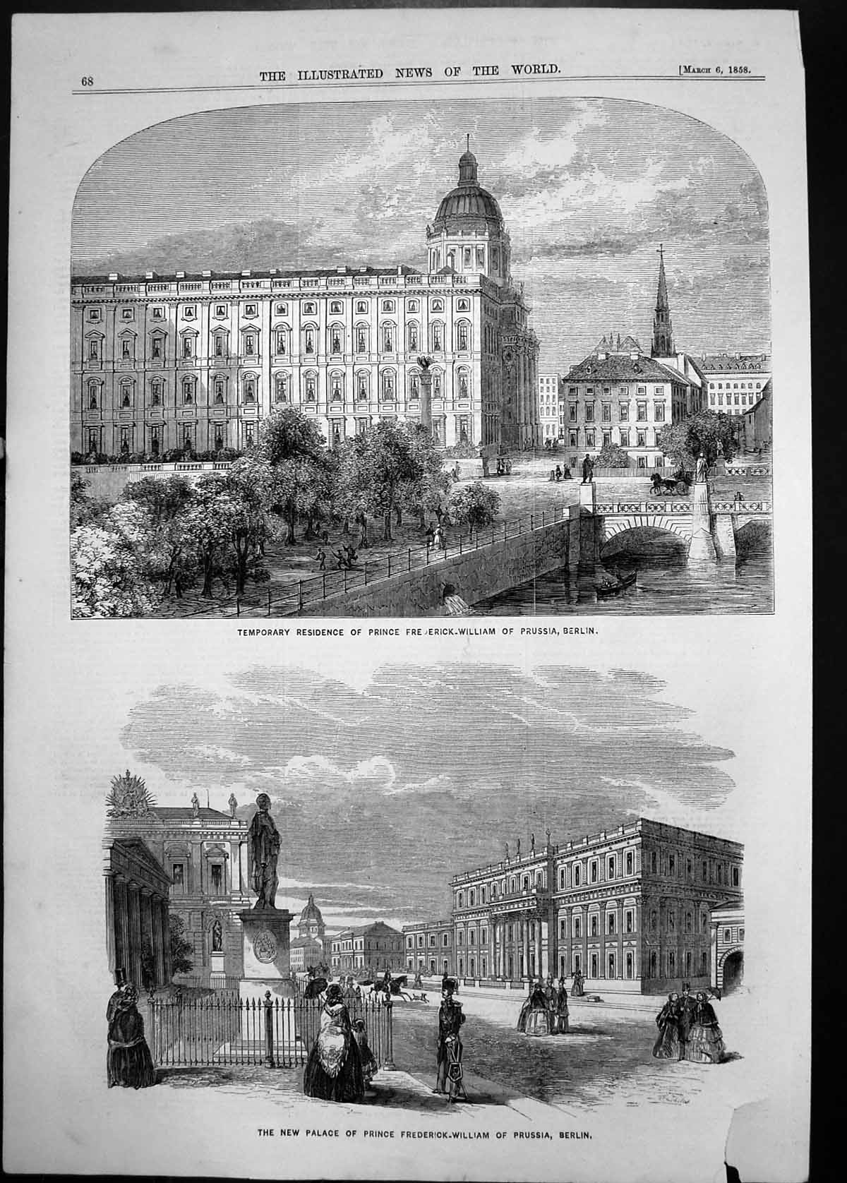 Antique Old Print 1858 Palace Prince Frederick William Prussia Berlin Germany