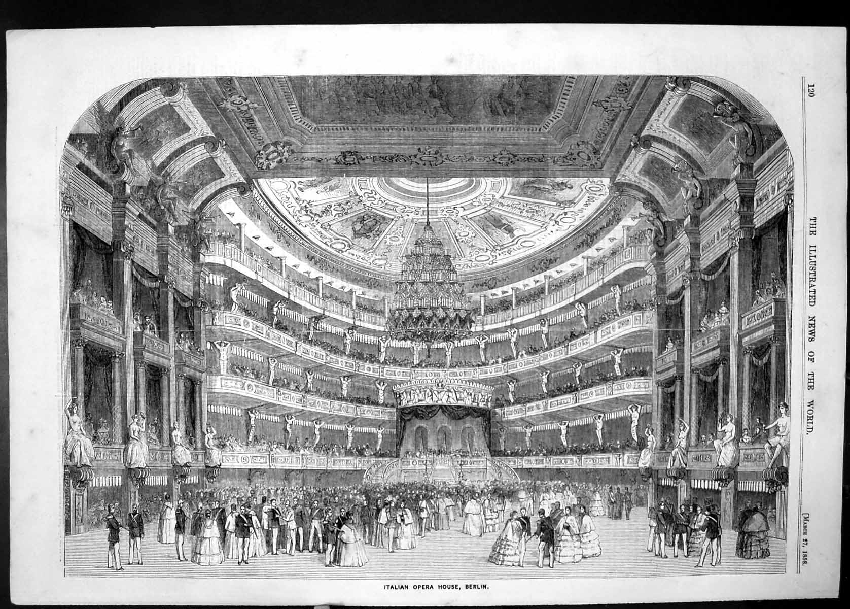 Original Old Antique Print 1858 Interior Italian Opera House Berlin Germany
