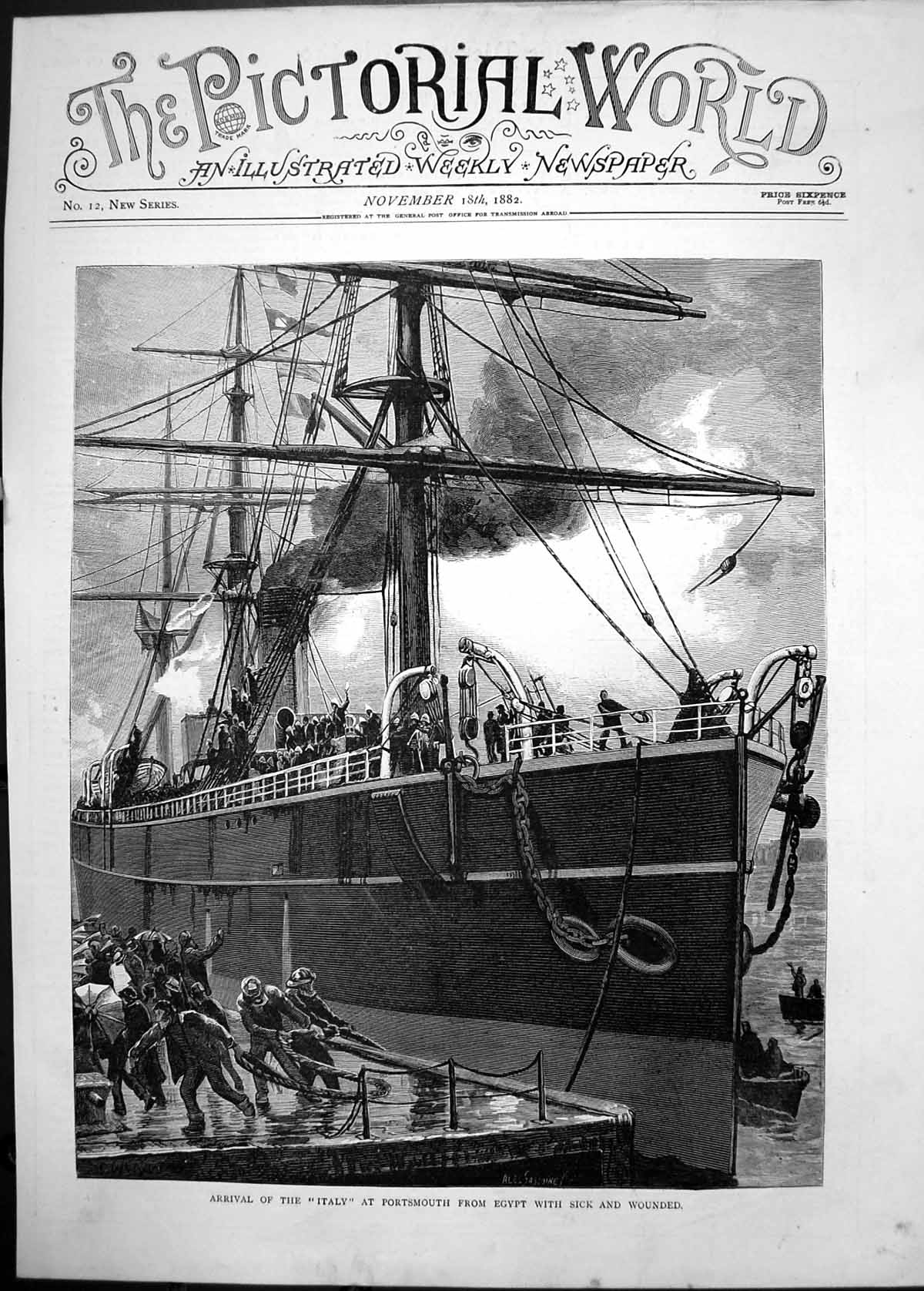 Old Print 1882 Arrival Italy Ship Portsmouth Egypt Sick Wounded Siers Wa 19th
