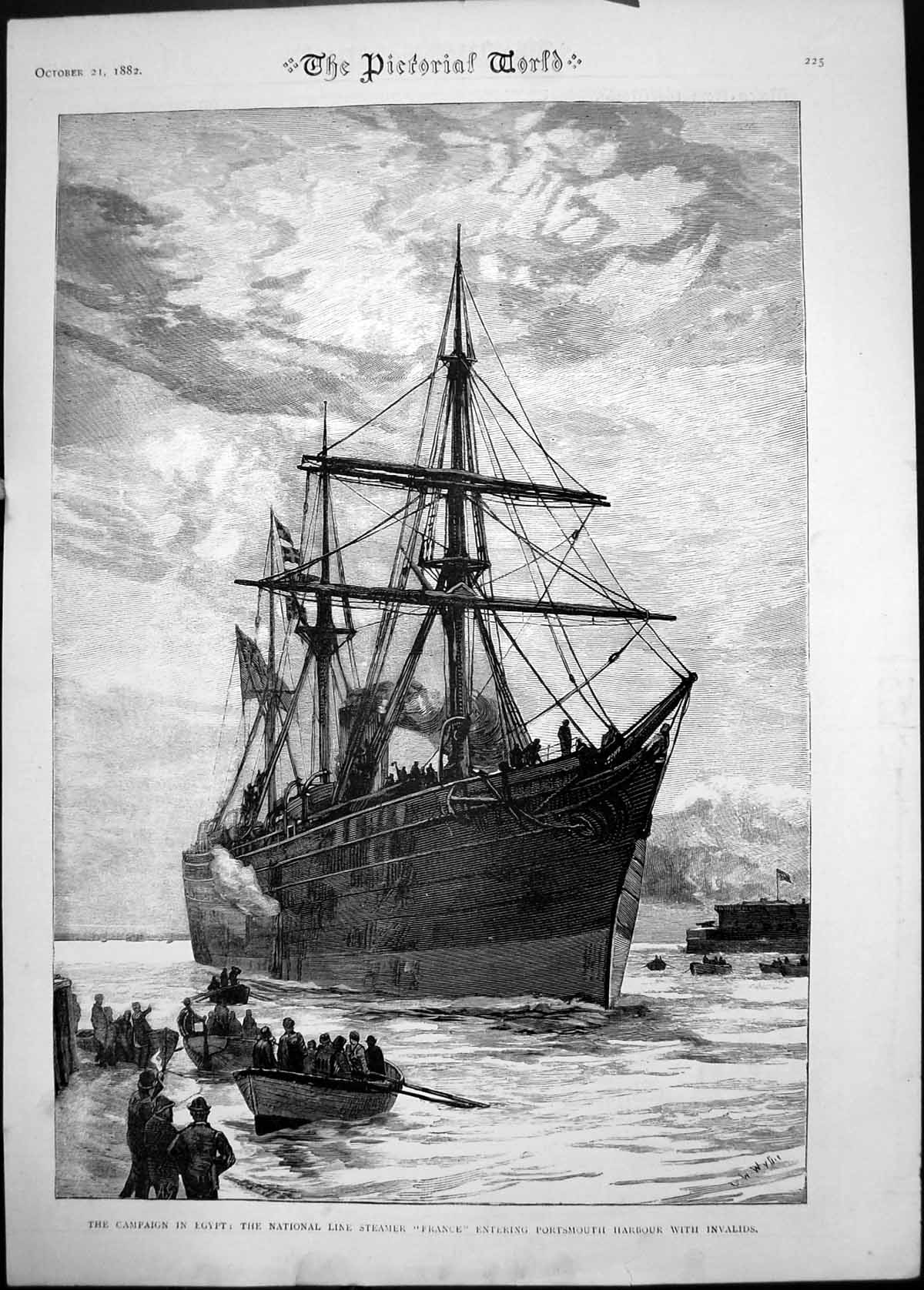 Old Print 1882 Egypt National Line Steamer France Portsmouth Harbour Ship 19th