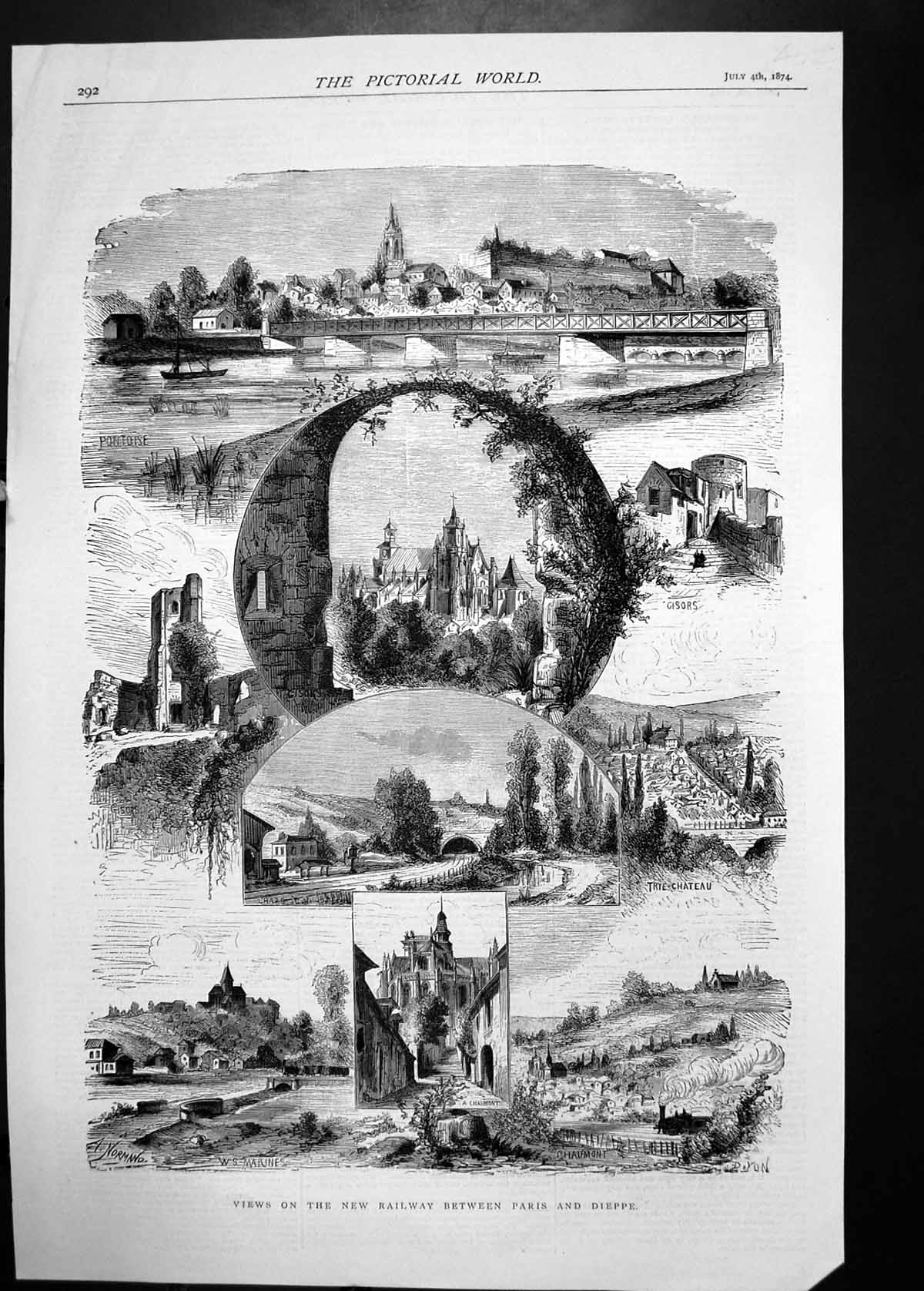 Old 1874 View Railway Paris Dieppe France Trye Chateau Chaumony Ponto Victorian