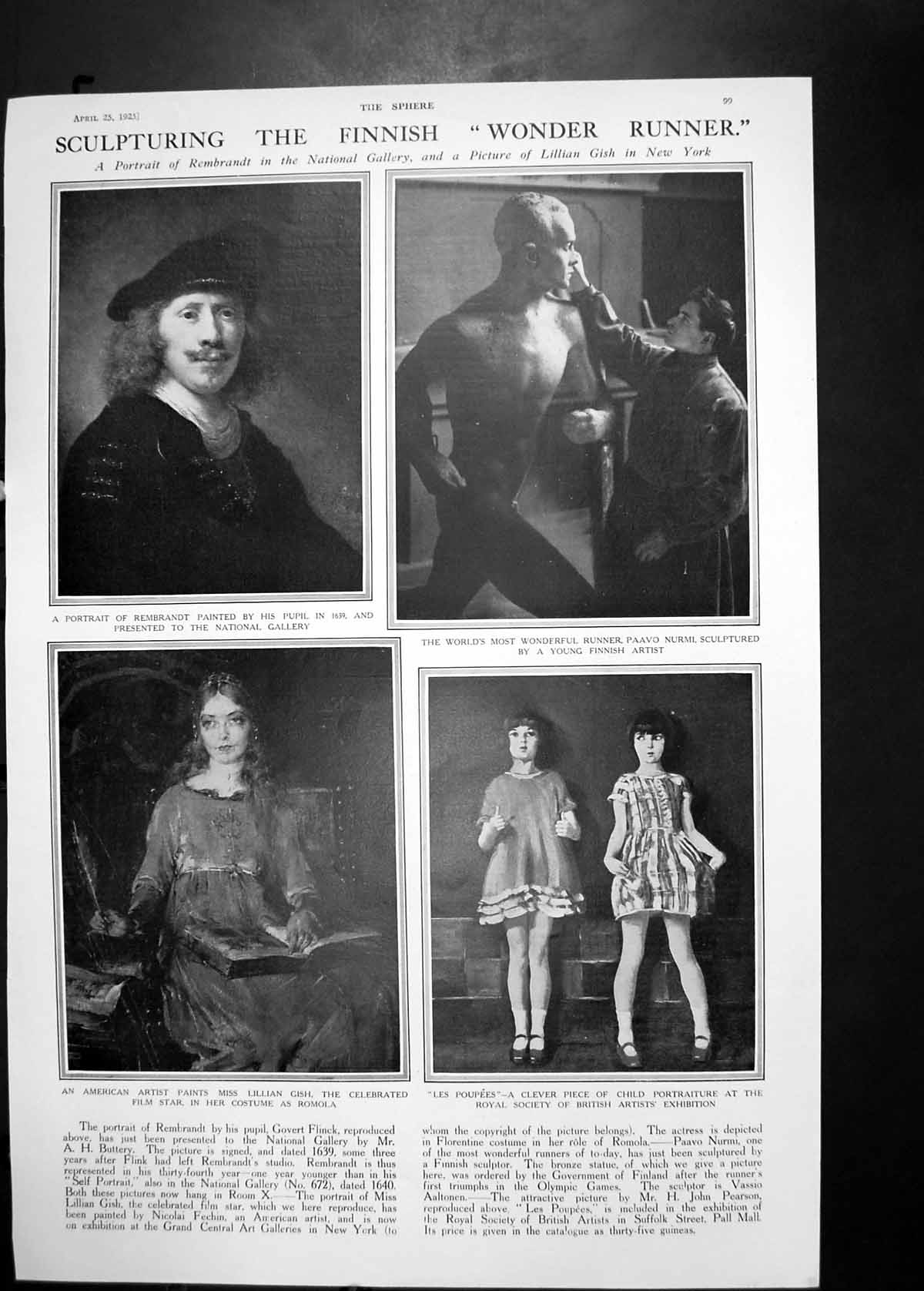 Old 1925 Art Rembrandt Sculpture Paavo Nurmi Lillian Gish Romola Poup 20th