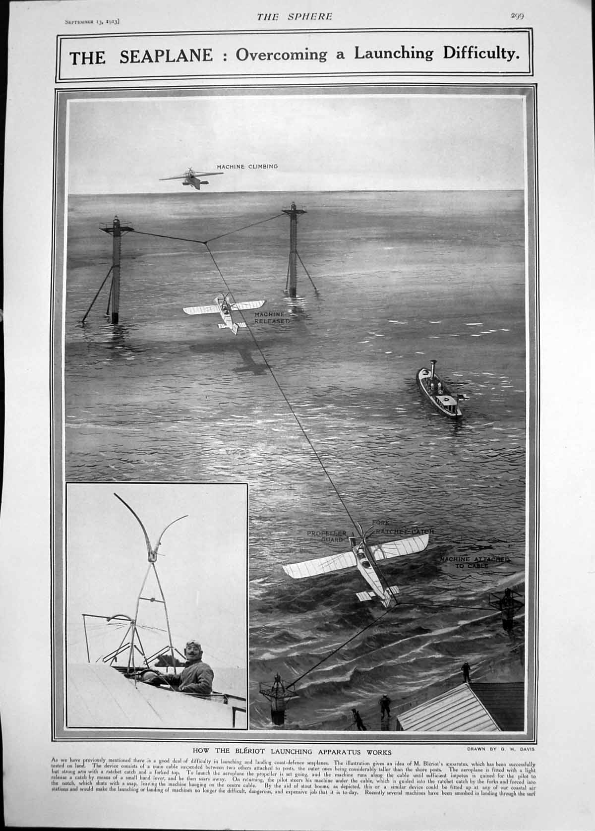 Original Old Antique Print 1913 Belriot Launching Apparatus Aeroplanes 20th