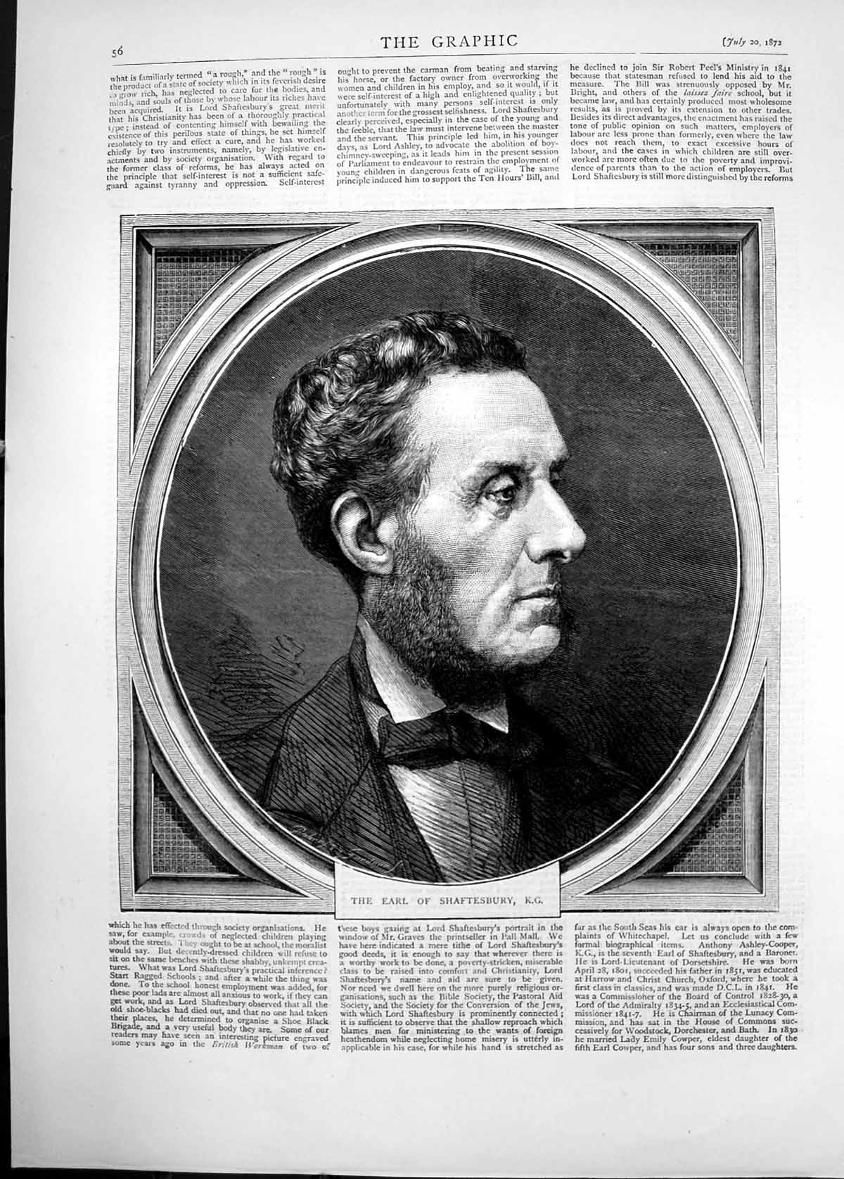 Original Old Antique Print 1872 Portrait Earl Shaftesbury 19th