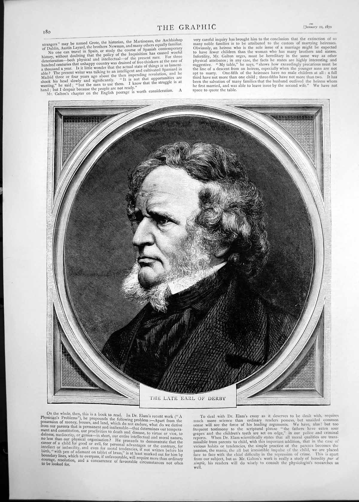 Original Old Antique Print 1870 Portrait Earl Derby 19th Century
