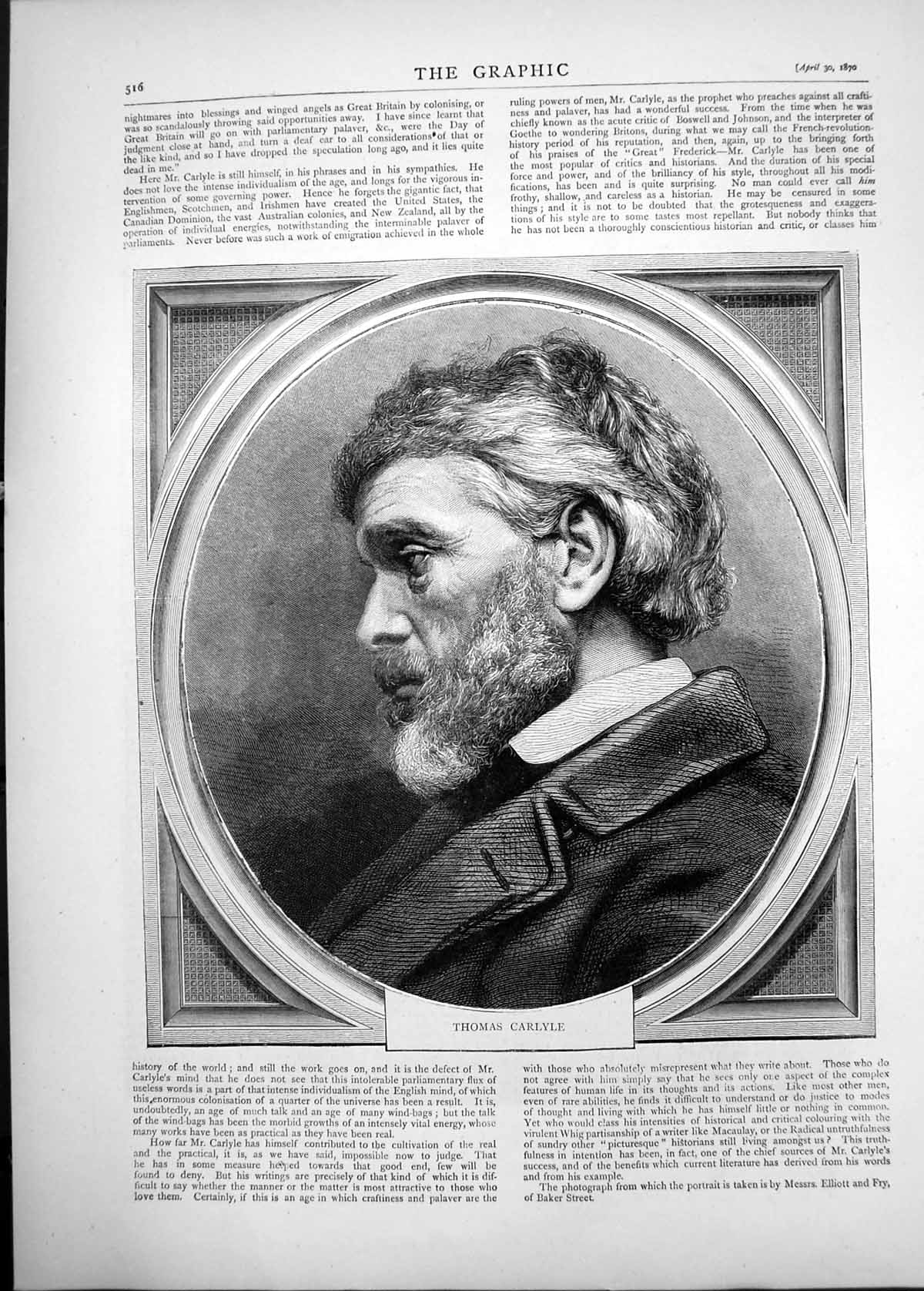 Original Old Antique Print 1870 Portrait Thomas Carlyle 19th Century