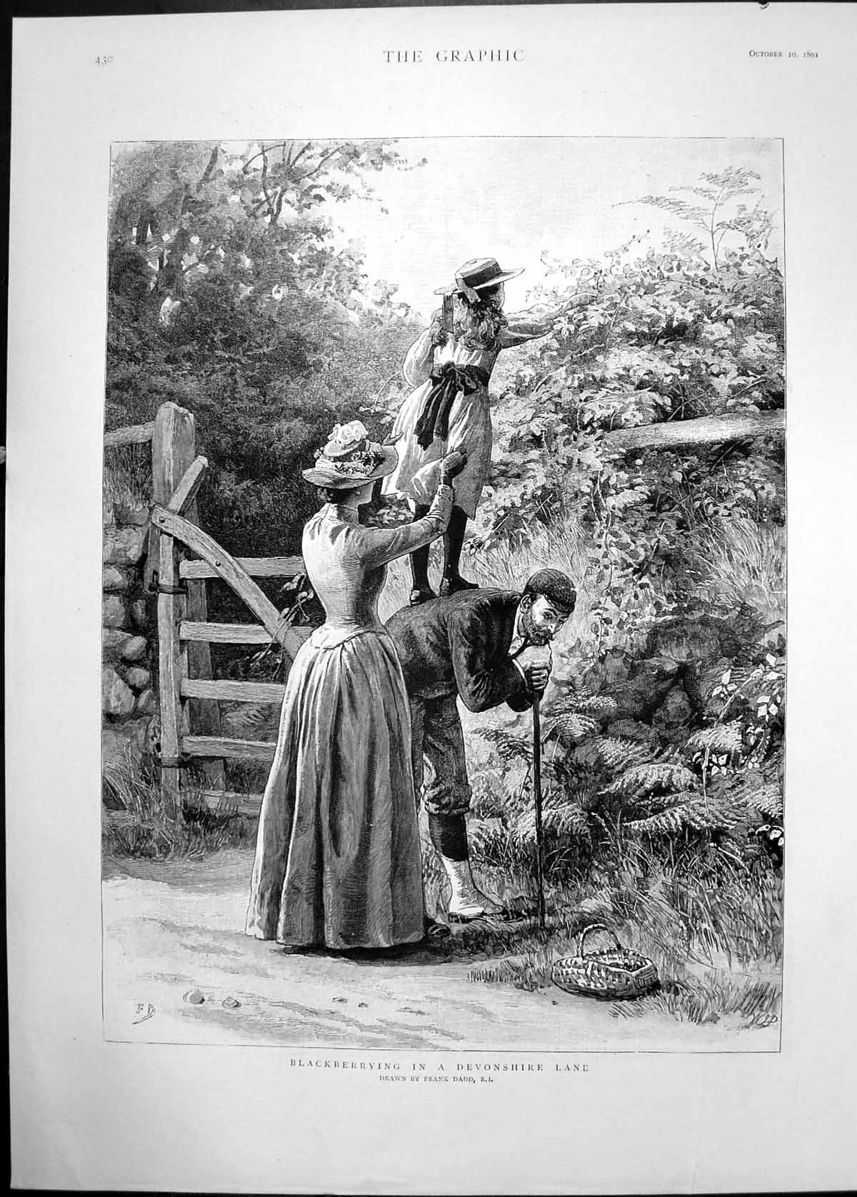 Old 1891 Blackberrying Devonshire Lane Family Fruit Picking Frank Dad Victorian