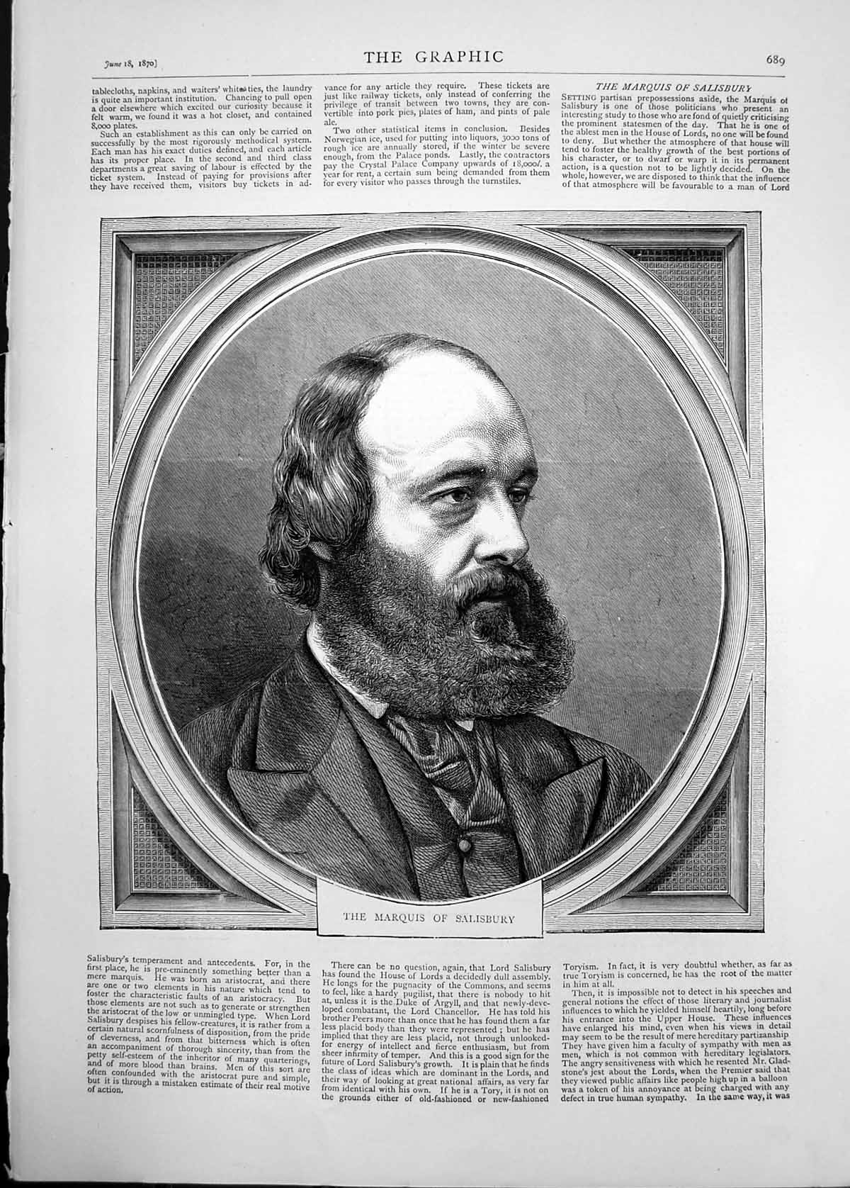 Original Old Antique Print 1870 Portrait Marquis Salisbury 19th