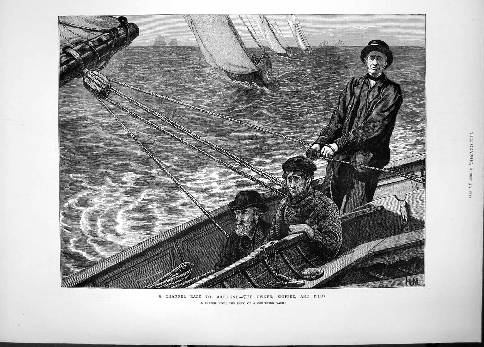 Old Antique Print 1872 Channel Race Boulogne France Owner Skipper Pilot 19th
