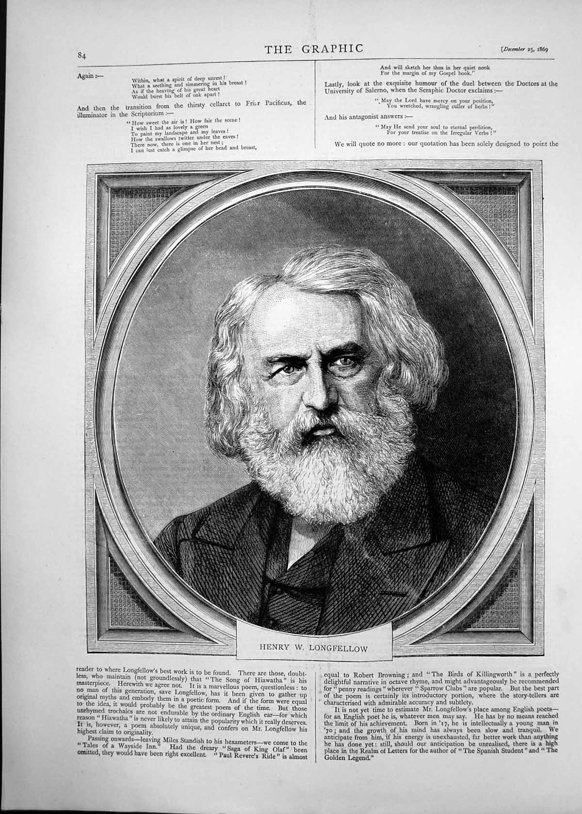 Original Old Antique Print 1869 Portrait Henry Longfellow 19th