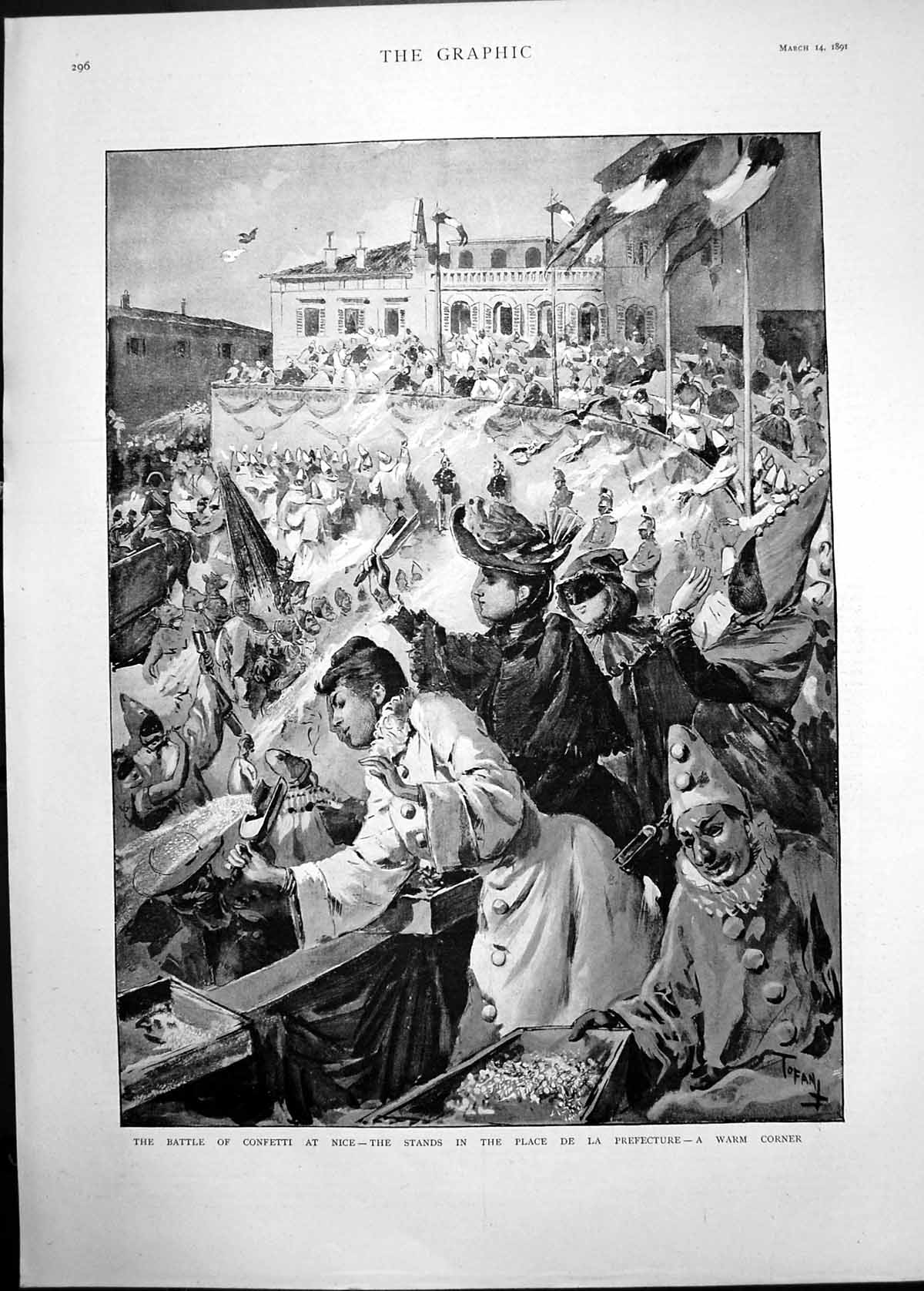 Antique Old Print 1891 Battle Confetti Nice France Stands Place Prefecture 19th