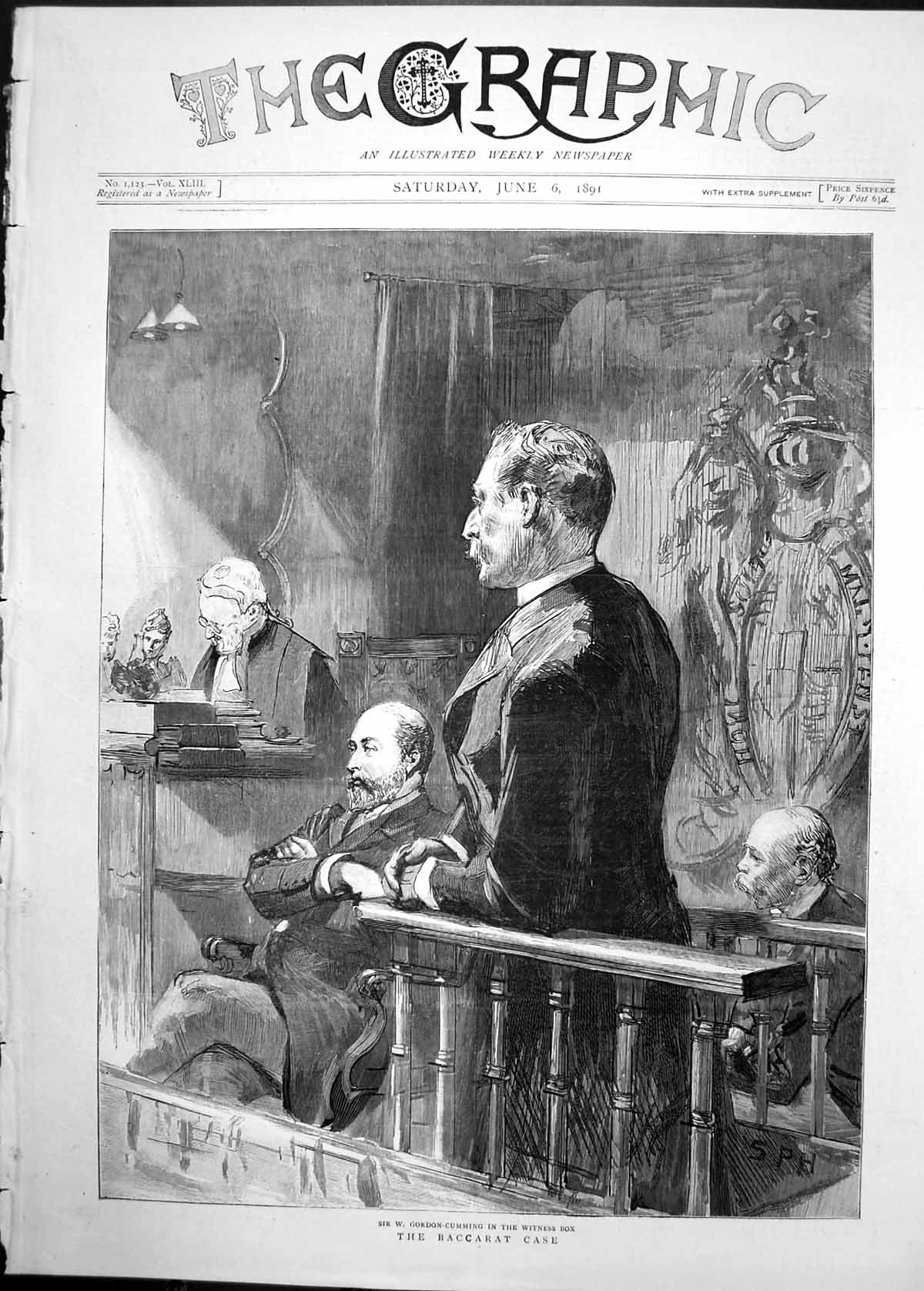 Antique Old Print 1891 Baccarat Court Case Scene Gordon-Cumming Witness Box
