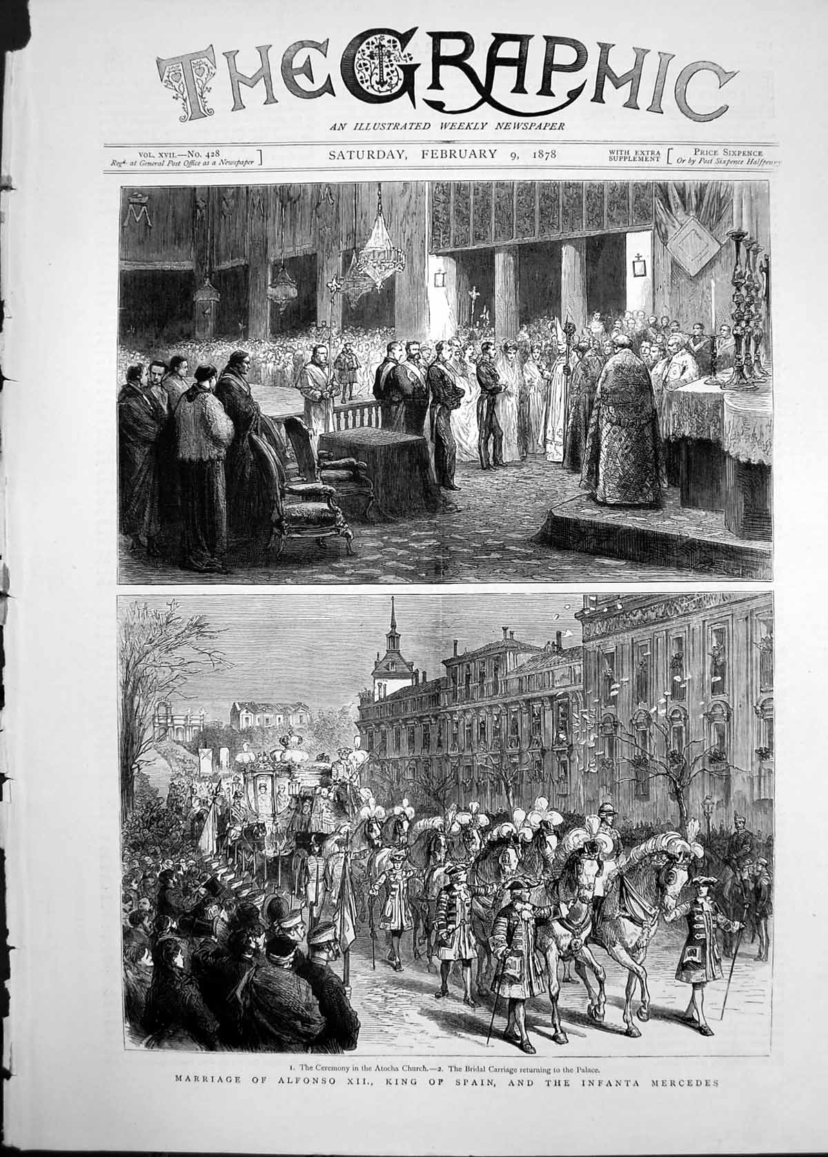 Old Print 1878 Marriage Alfonso King Spain Infanta Mercedes Atocha Church 19th