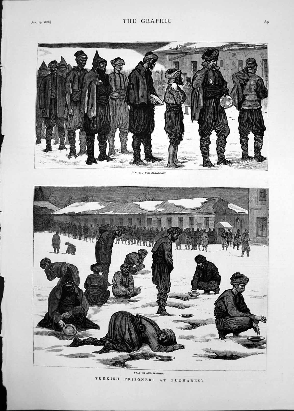 Old 1878 Turkish Prisoners Bucharest Praying Washing Waiting Breakfas Victorian