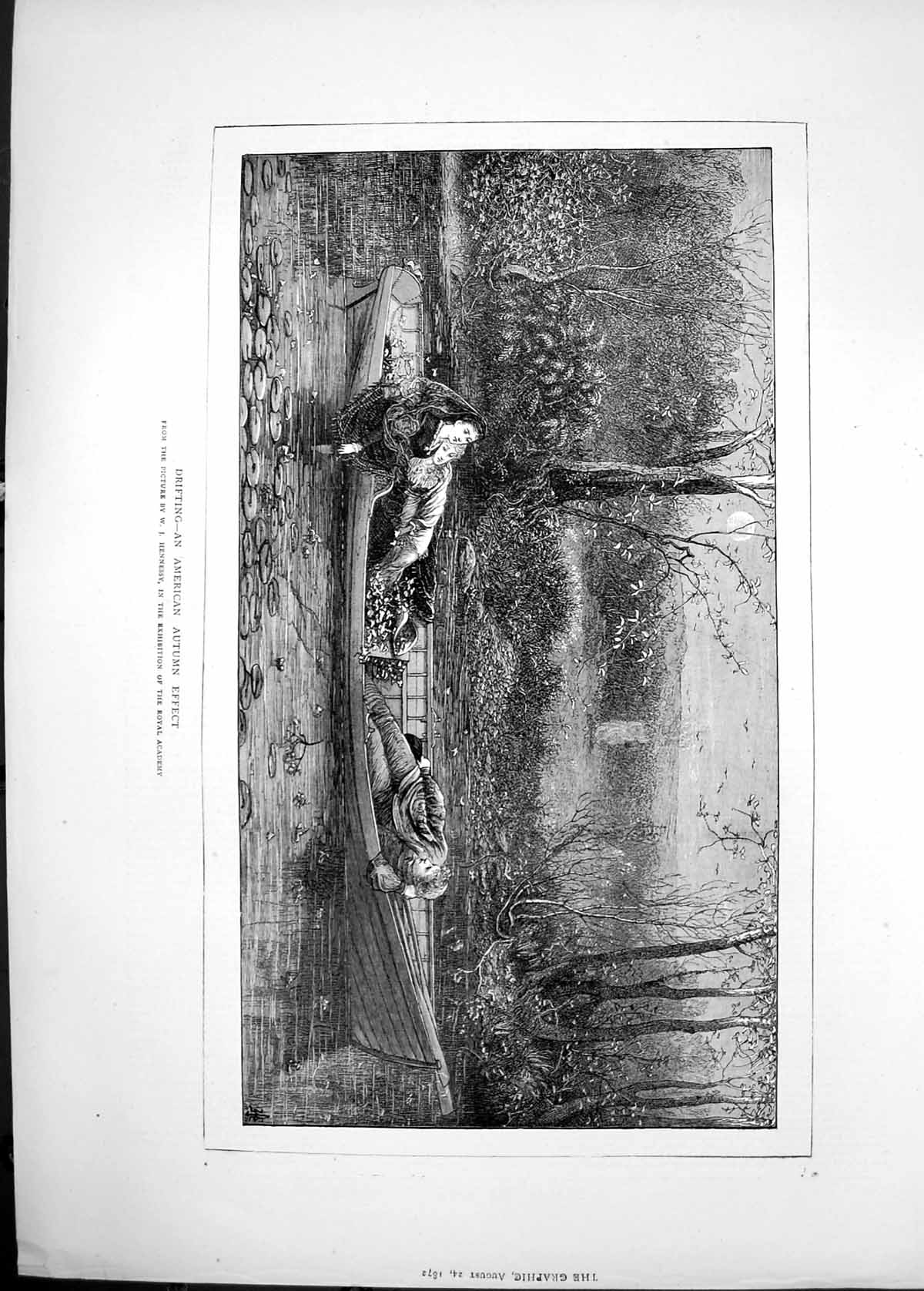 Antique Old Print 1872 Boat Drifting River American Autumn Effect Hennessy 19th