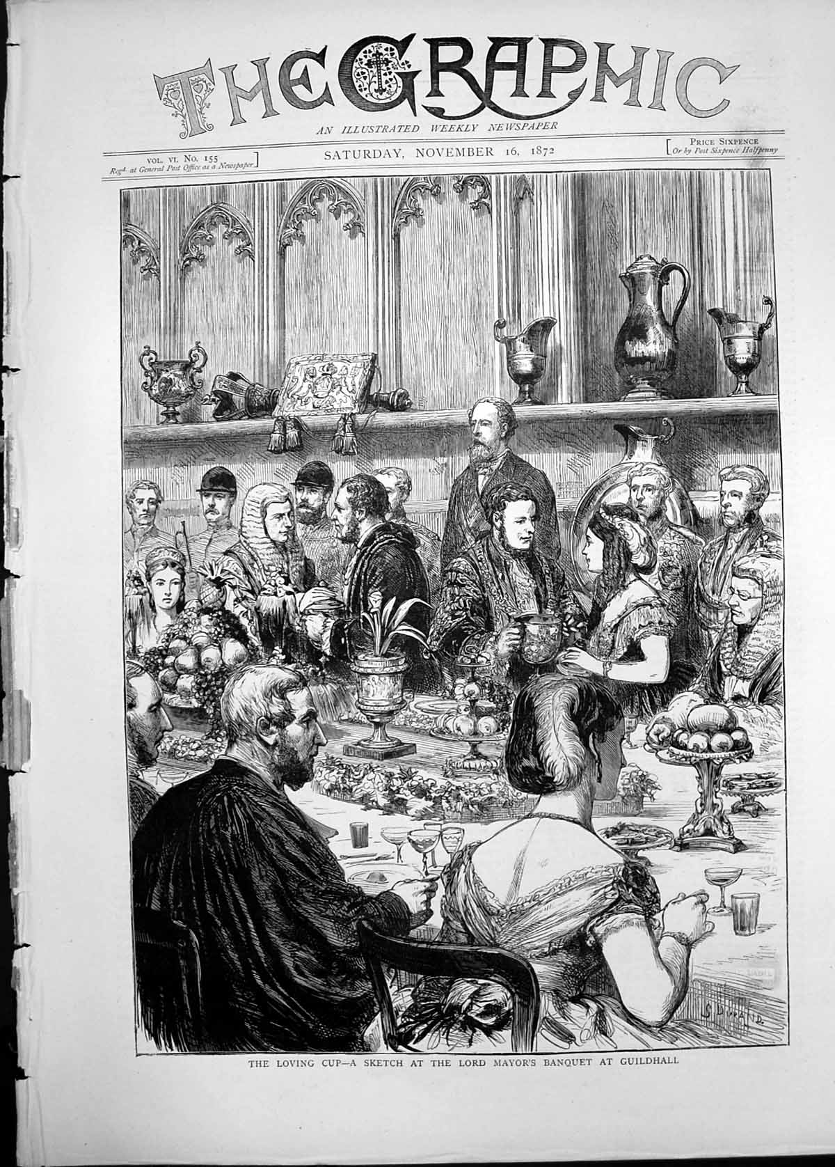 Original Old Antique Print 1872 Loving Cup Lord Mayor'S Banquet Guildhall 19th