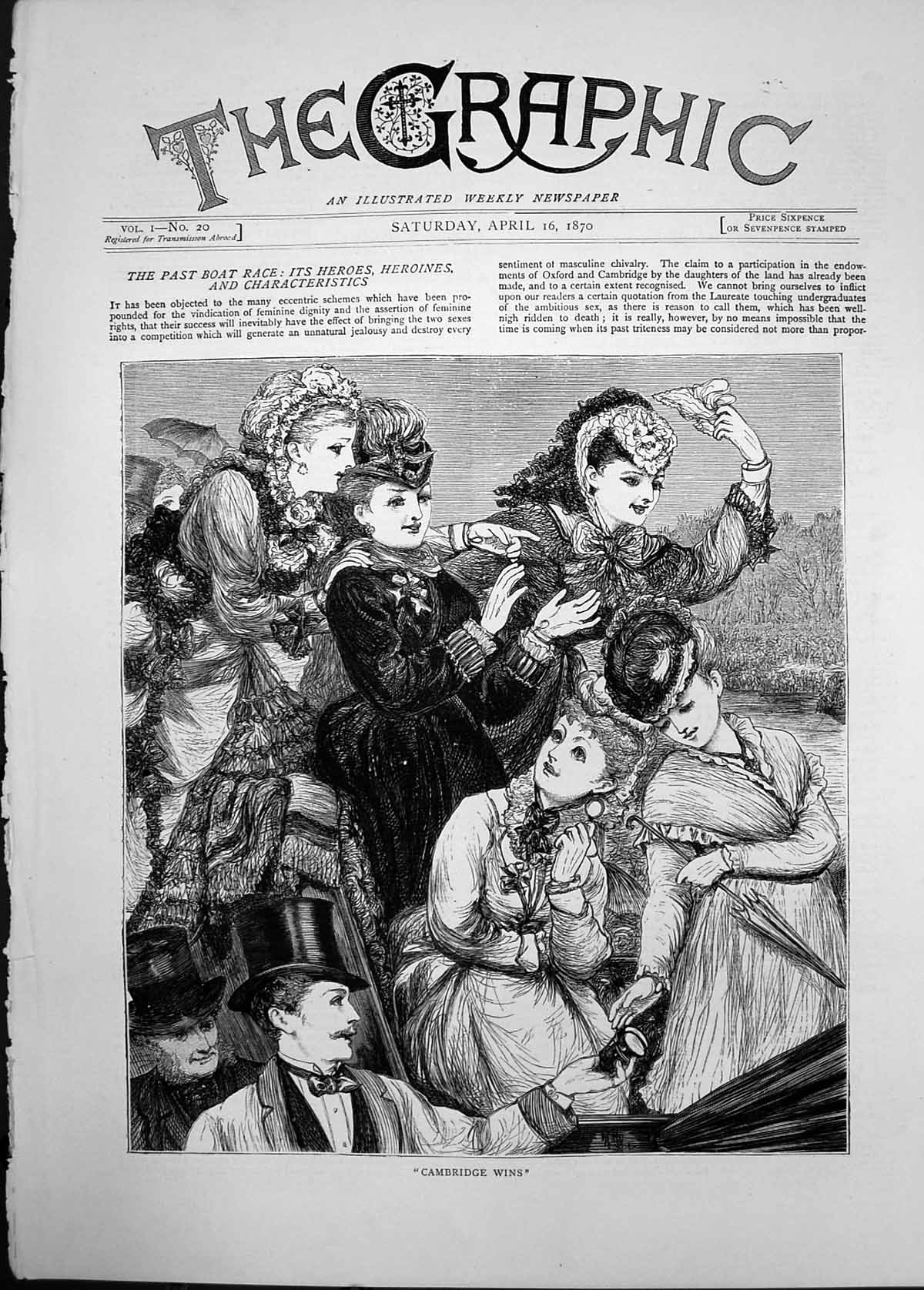 Original Old Antique Print 1870 Cambridge Wins Ladies Celebrating Boat Race