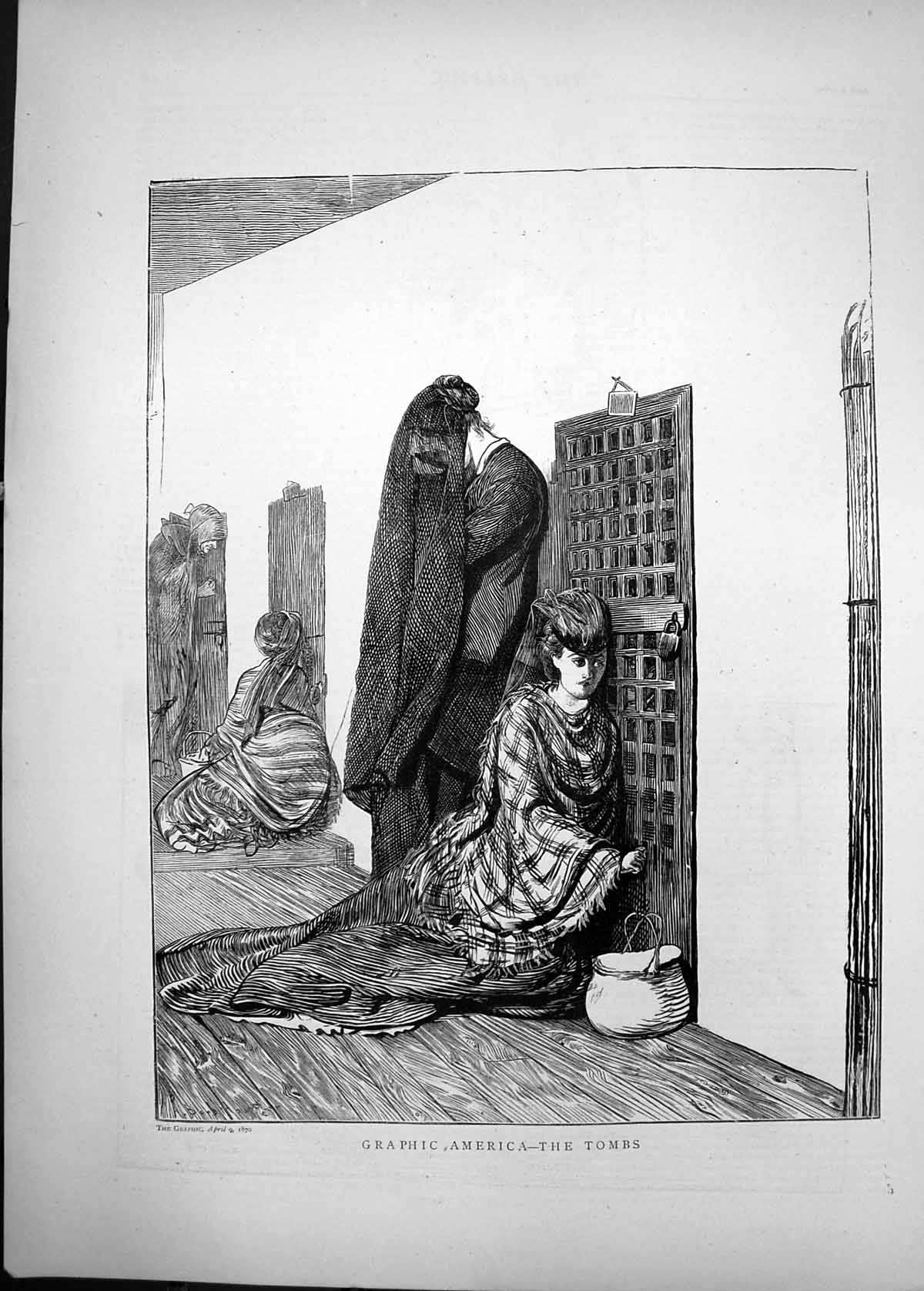 Original Old Antique Print 1870 Graphic America Tombs Ladies Crying Victorian