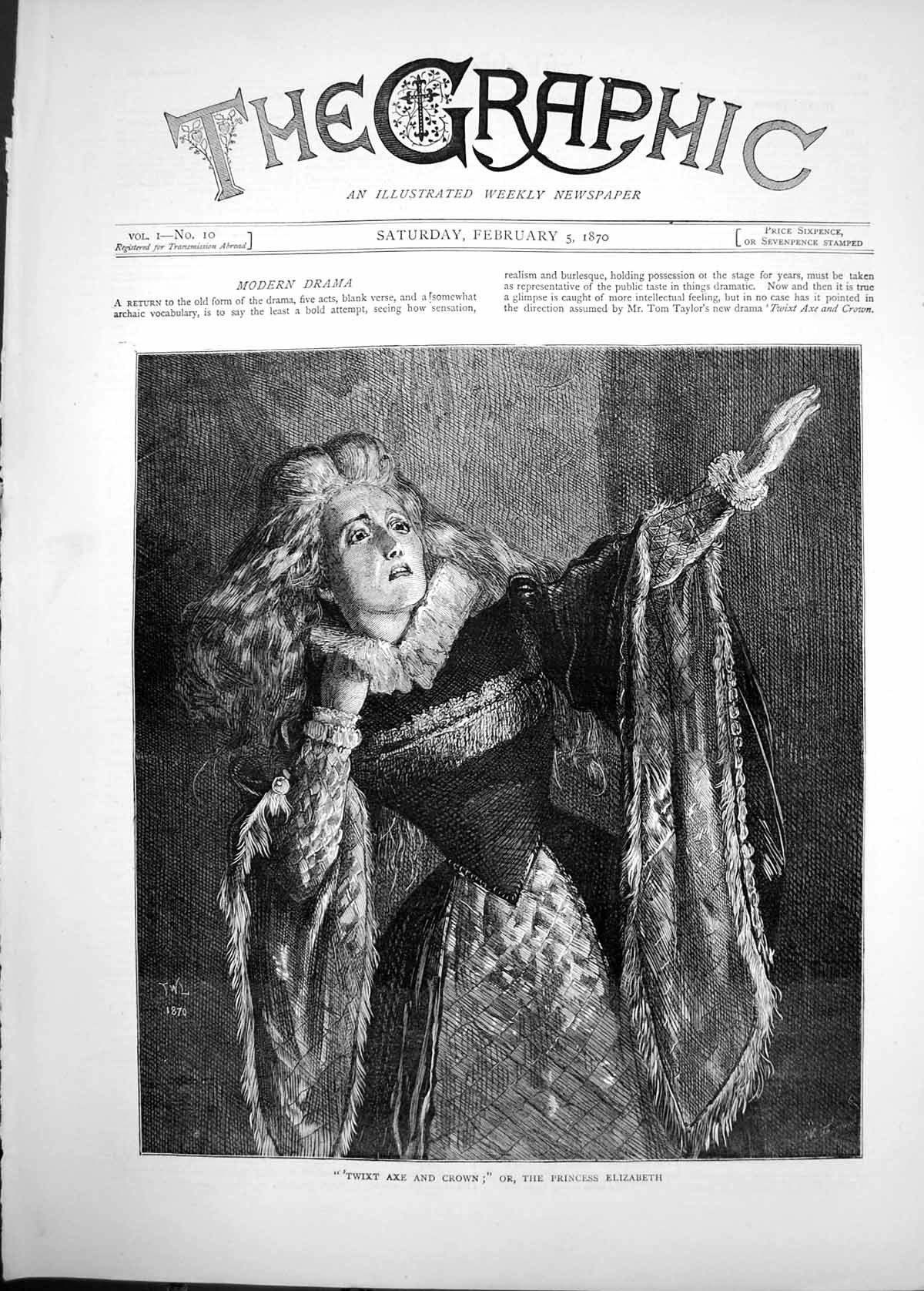 Old Antique Print 1870 Twixt Axe Crown Princess Elizabeth Theatre Actress 19th