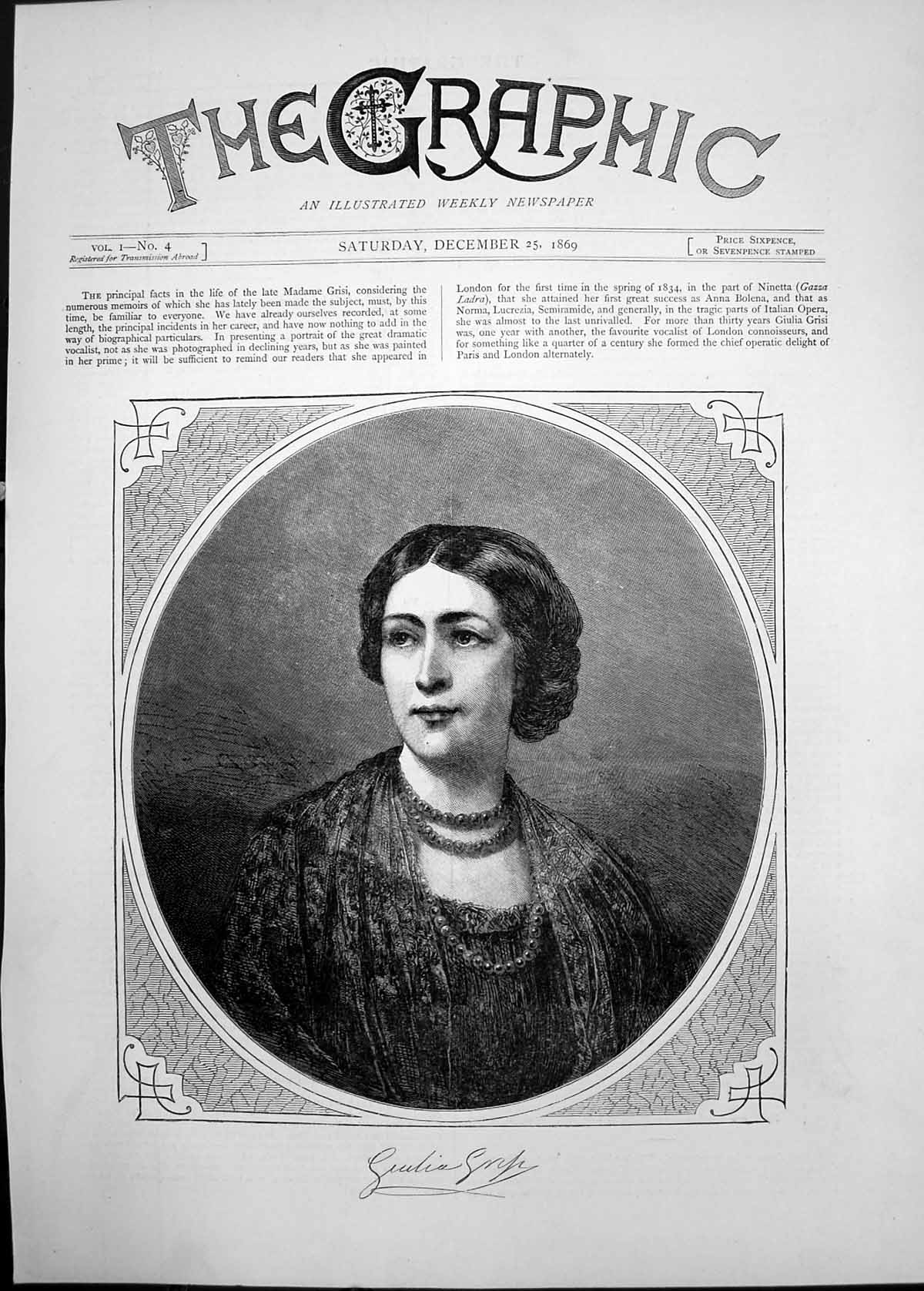 Original Old Antique Print 1869 Portrait Madame Grisi Beautiful Woman Victorian
