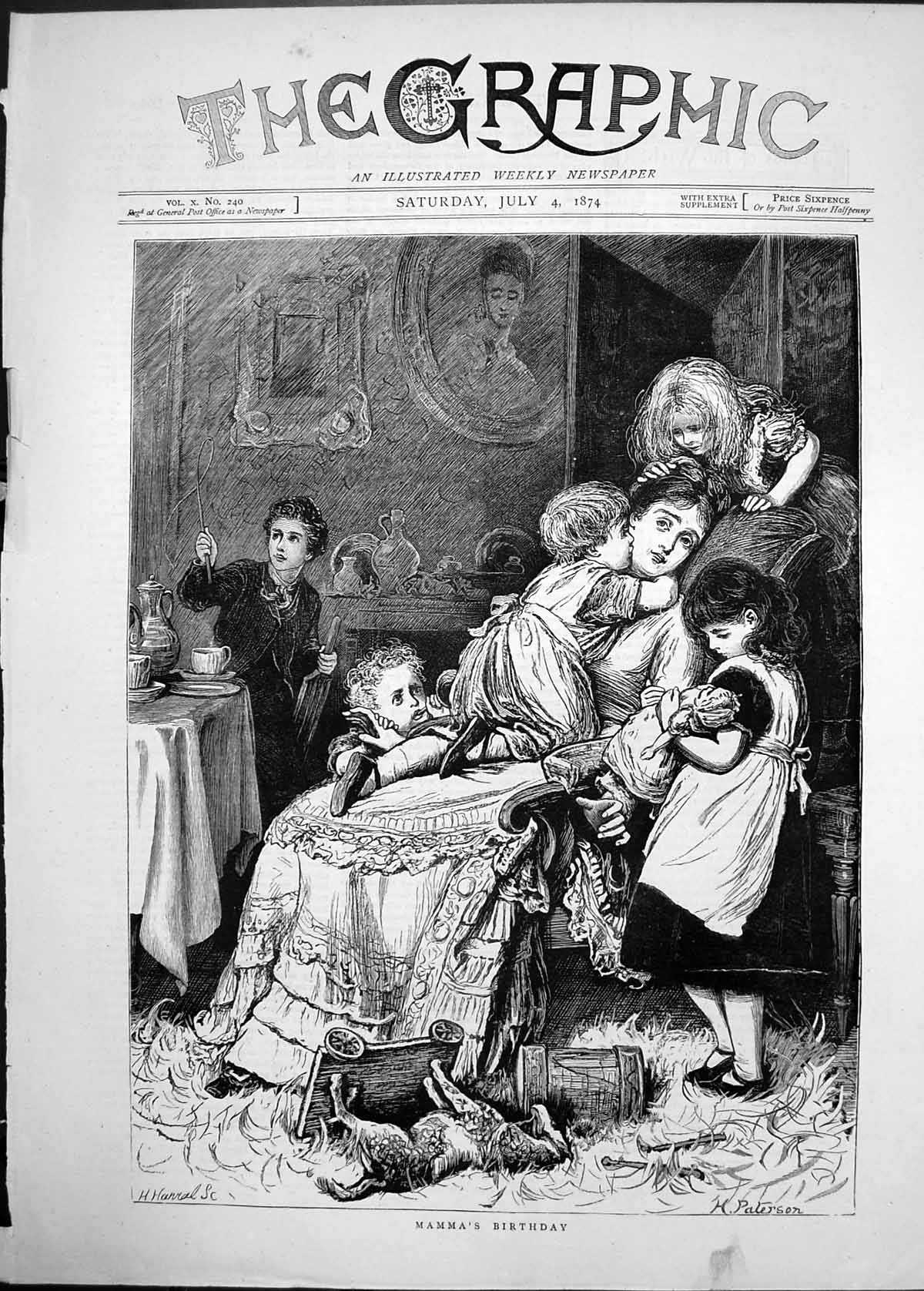 Old Print 1874 Mamma'S Birthday Family Home Scene Children Toys Paterson 19th