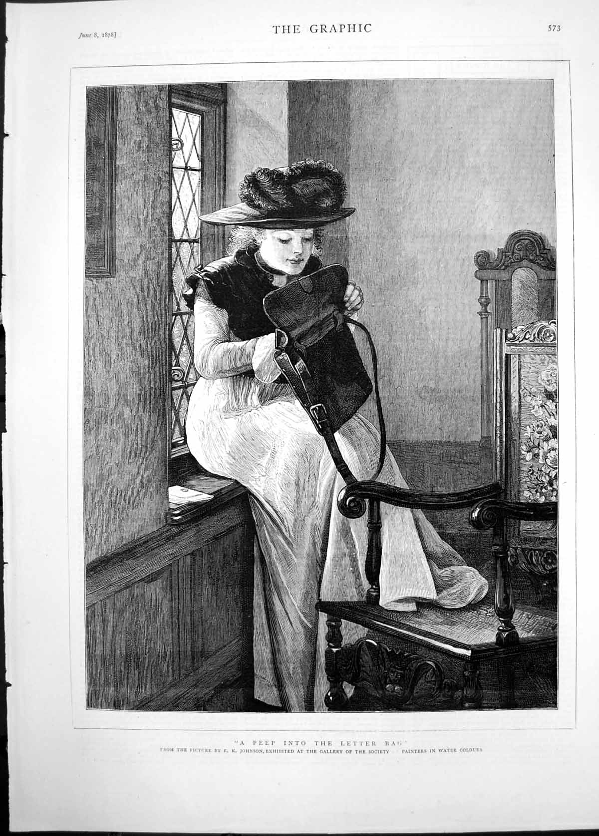 Original Old Antique Print 1878 Young Woman Peep Into Letter Bag Johnson 19th