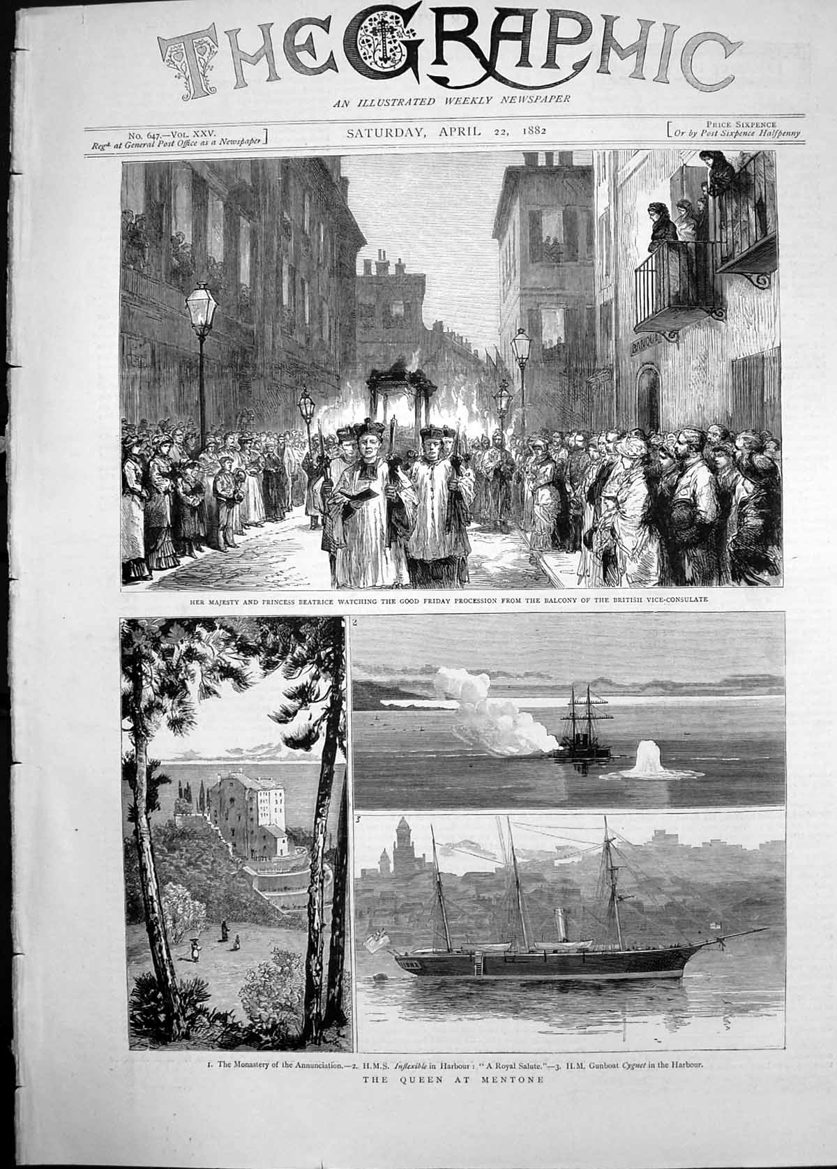 Old 1882 Queen Mentone Monastery Annunciation Ship Inflexible Cygnet Victorian