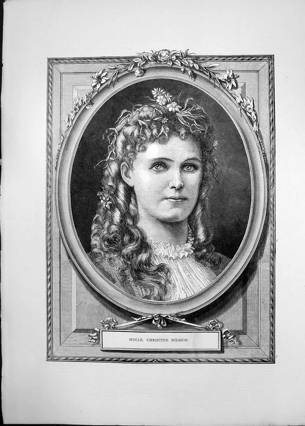 Old Antique Print 1870 Portrait Mdlle. Christine Nilsson Beautiful Woman 19th