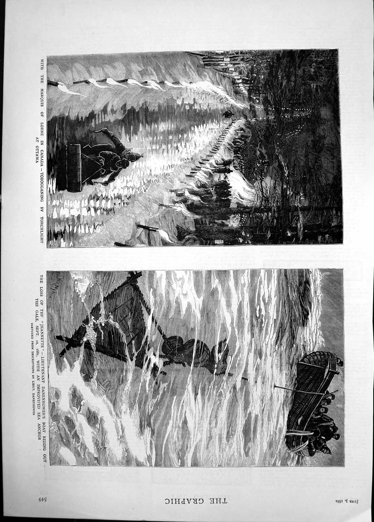 Old 1882 Marquis Lorne Canada Tobogganing Ottawa Jeannette Ship Danen Victorian