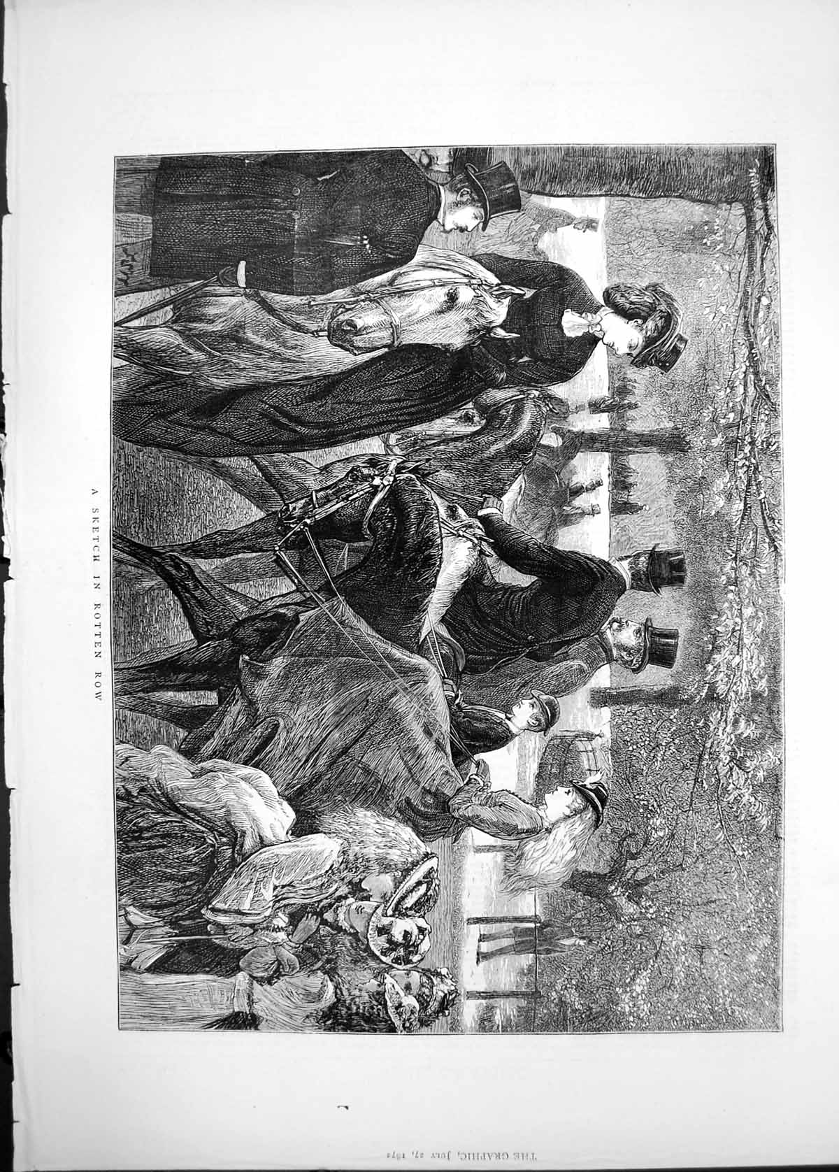 Original Old Antique Print 1872 Scene Rotten Row Horses Hunting Season 19th