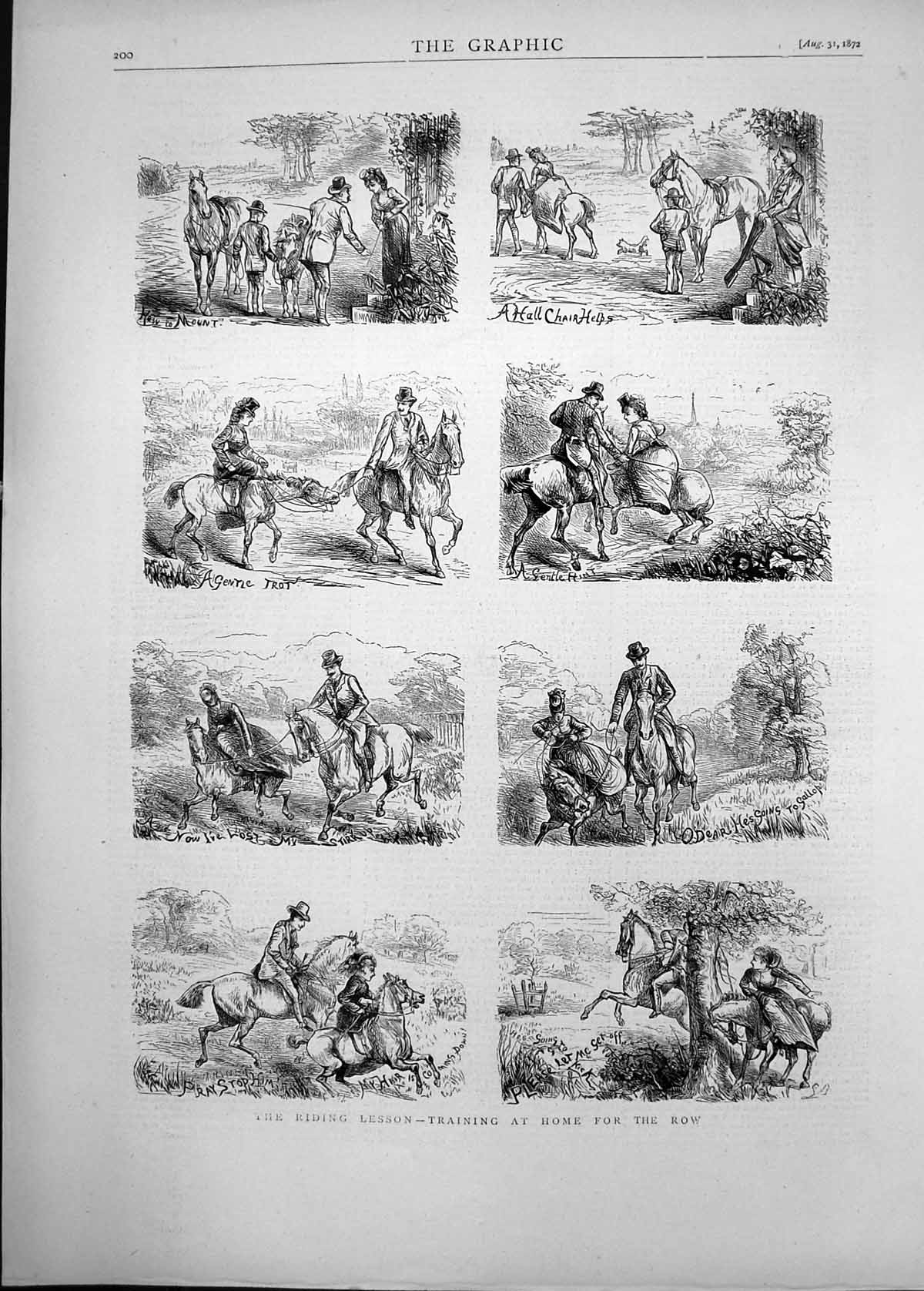 Original Old Antique Print 1872 Riding Lesson Training Hunting Horses Victorian