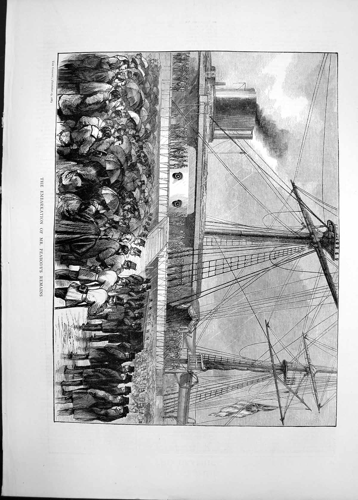 Original Old Antique Print 1869 Embarkation Mr Peabody Remains Ship Coffin 19th