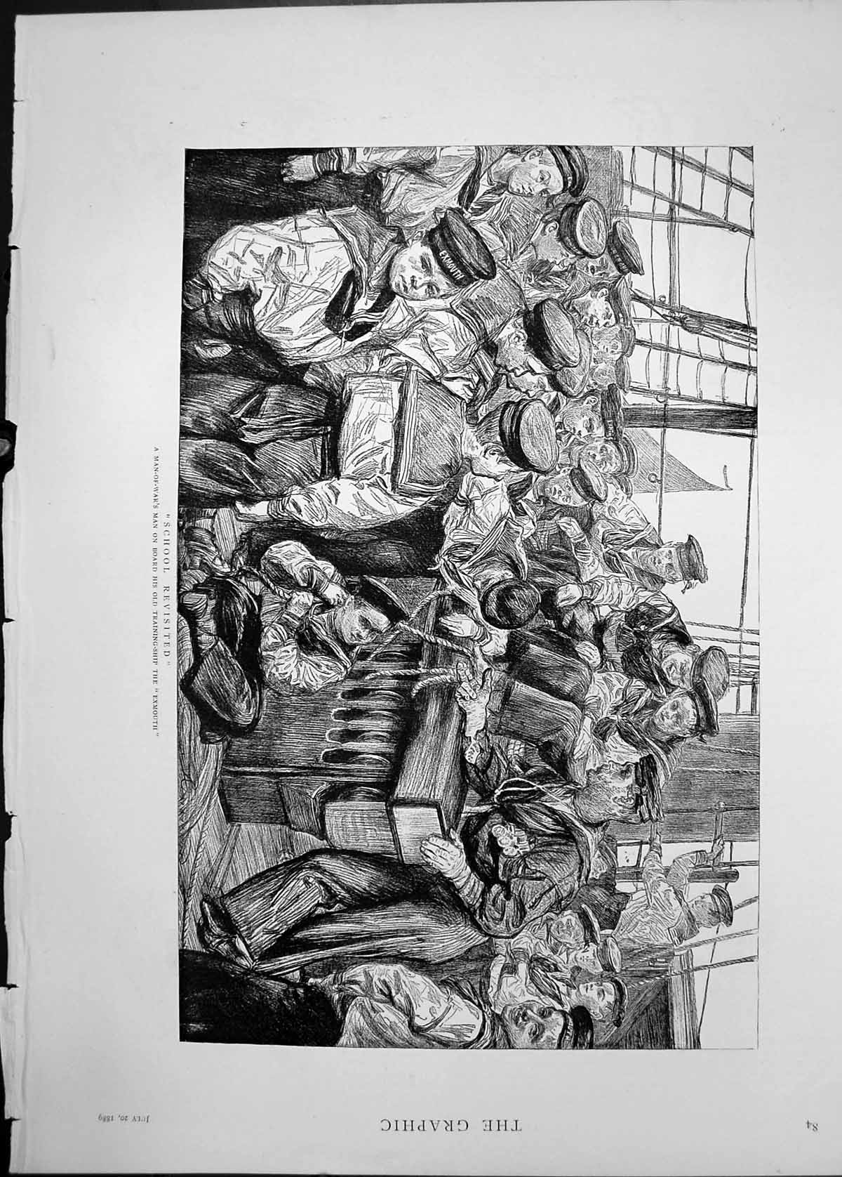 Antique Old Print 1889 Man-Of-War Board Training Ship Exmouth Sailors School