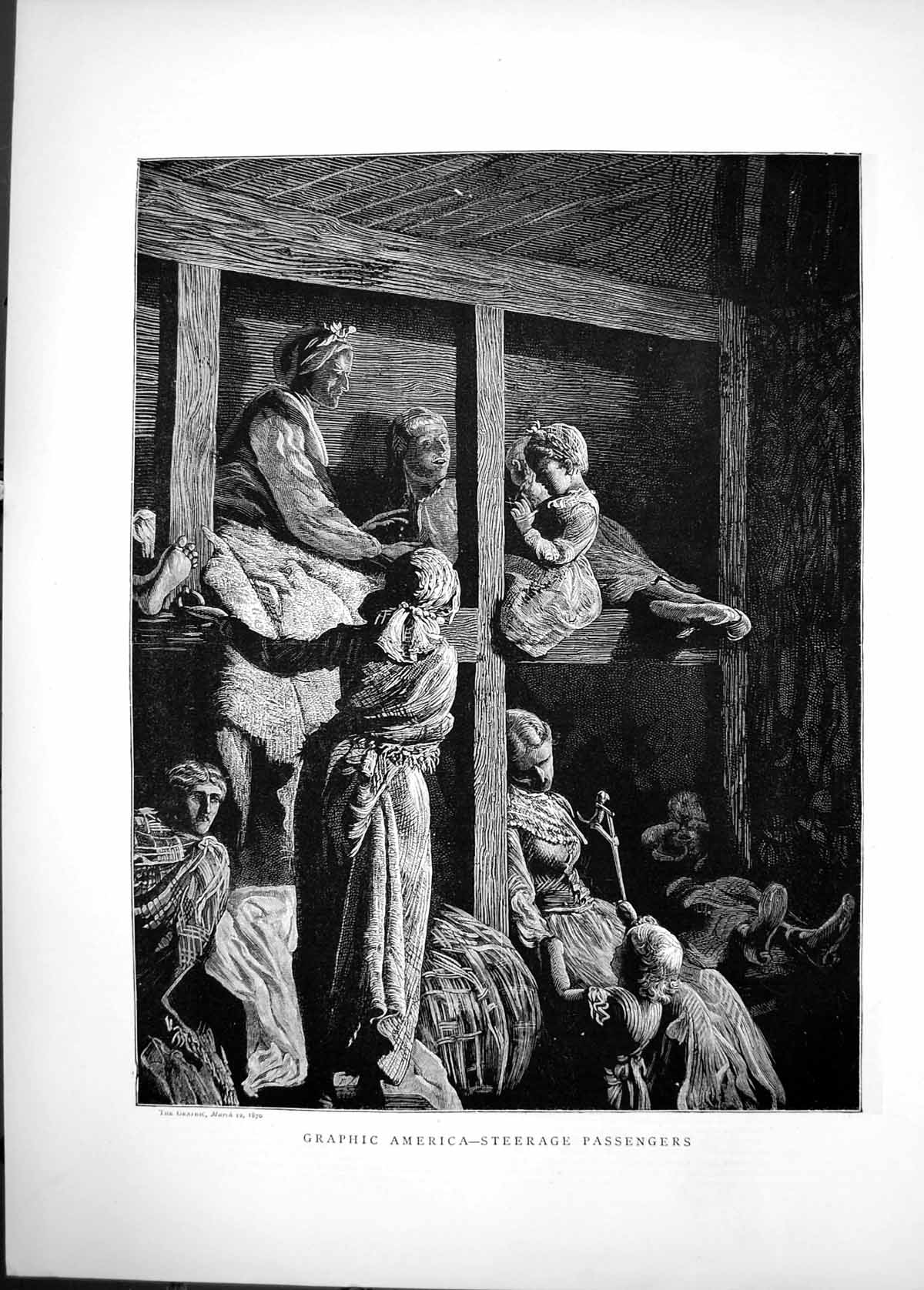 Original Old Antique Print 1870 America Steerage Passengers Women Children 19th