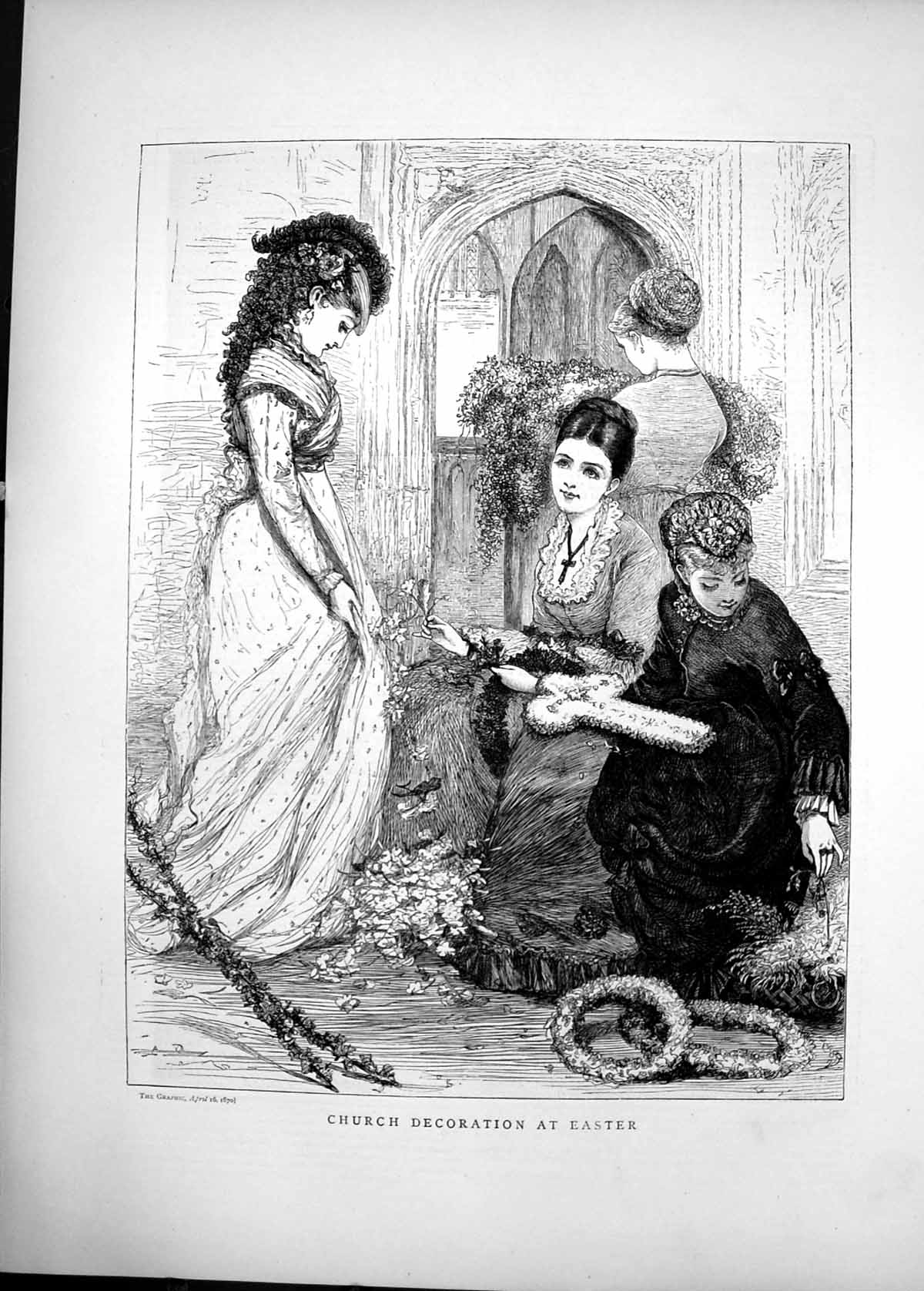 Original Old Antique Print 1870 Church Decoration Easter Women Flowers 19th