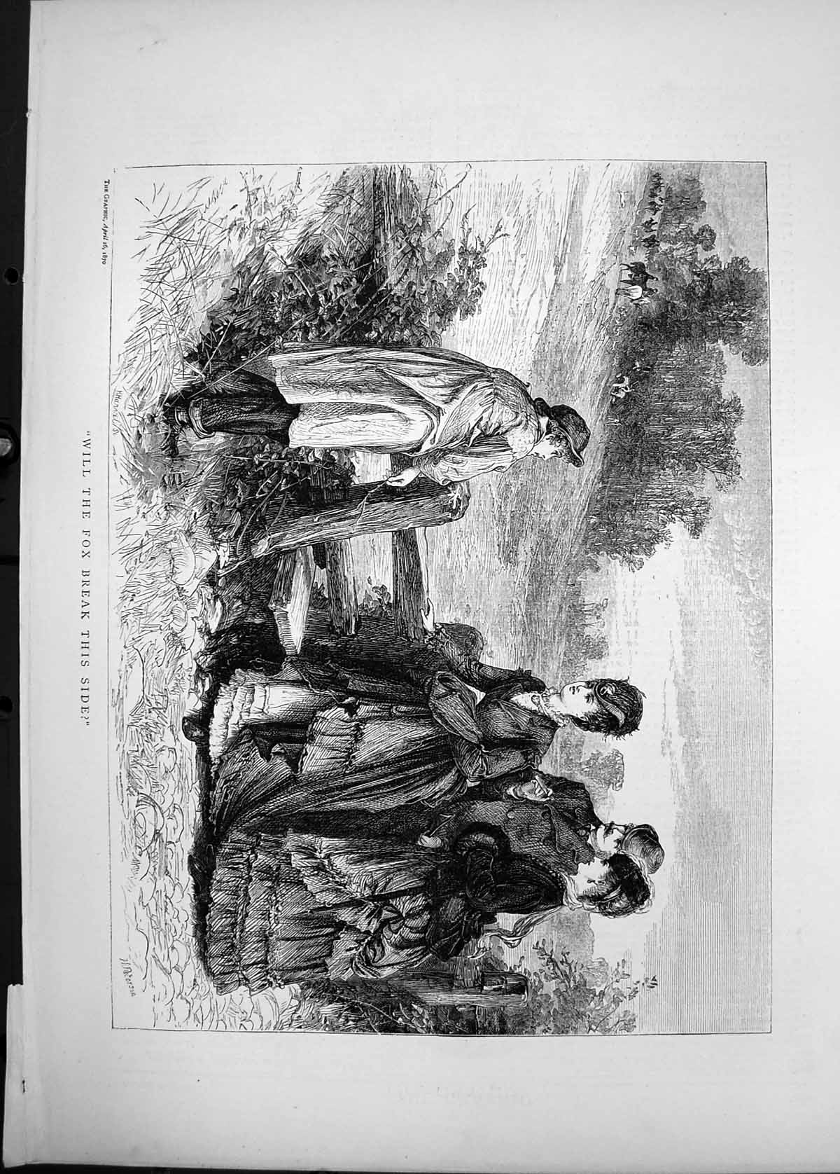 Original Old Antique Print 1870 Fox Hunting Ladies Men Field Style Horses Sport