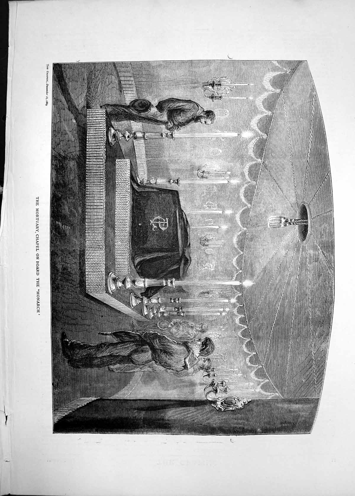Original Old Antique Print 1869 Mortuary Chapel Board Ship Monarch Coffin 19th