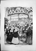 Original Old Antique Print 1869 Scene Inside German Bazaar Flowers Germany 19th