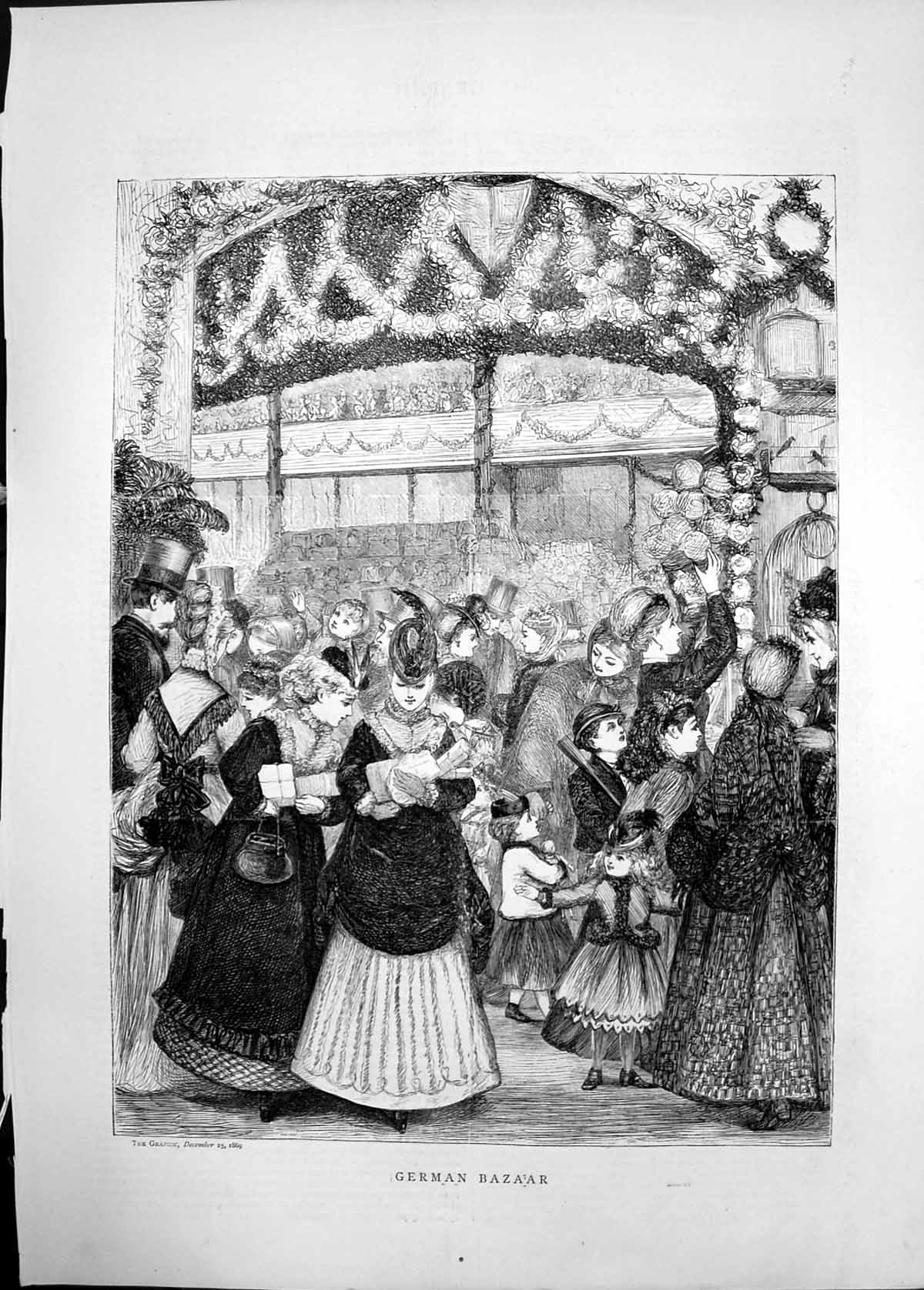 Original Old Antique Print 1869 Scene Inside German Bazaar Flowers Germany 19th