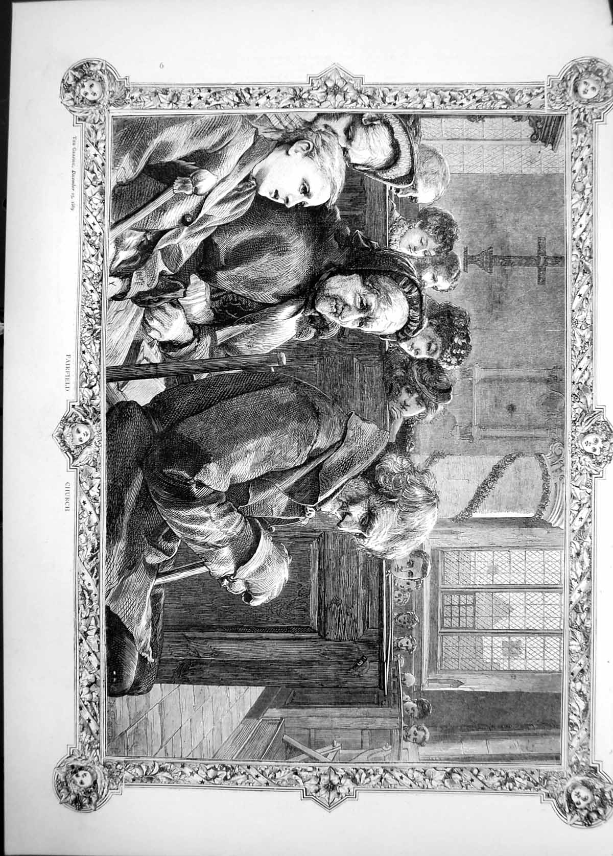 Original Old Antique Print 1869 Interior Fairfield Church Pews Parishoners 19th