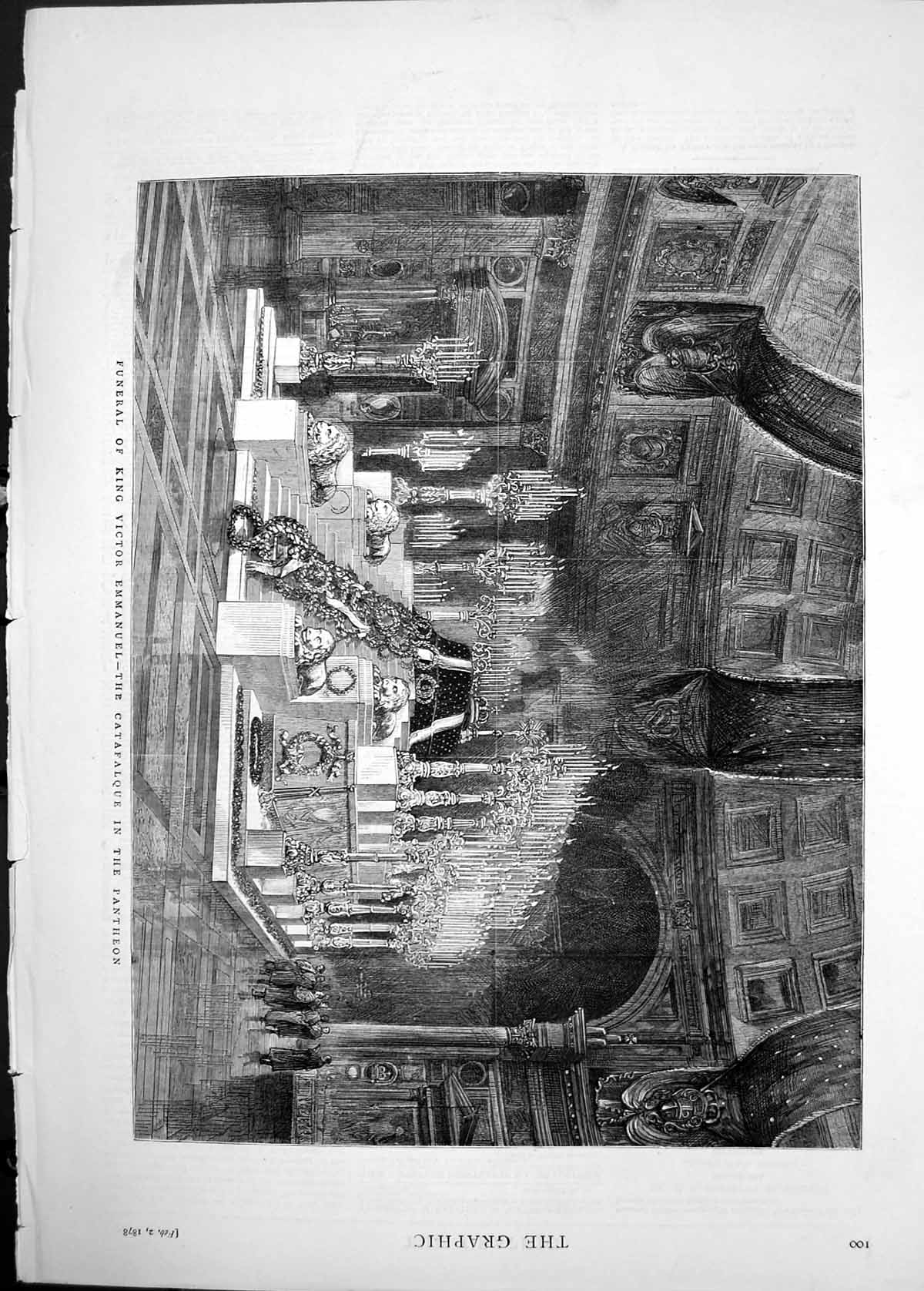 Old Antique Print 1878 Funeral King Victor Emmanuel Catafalque Pantheon 19th