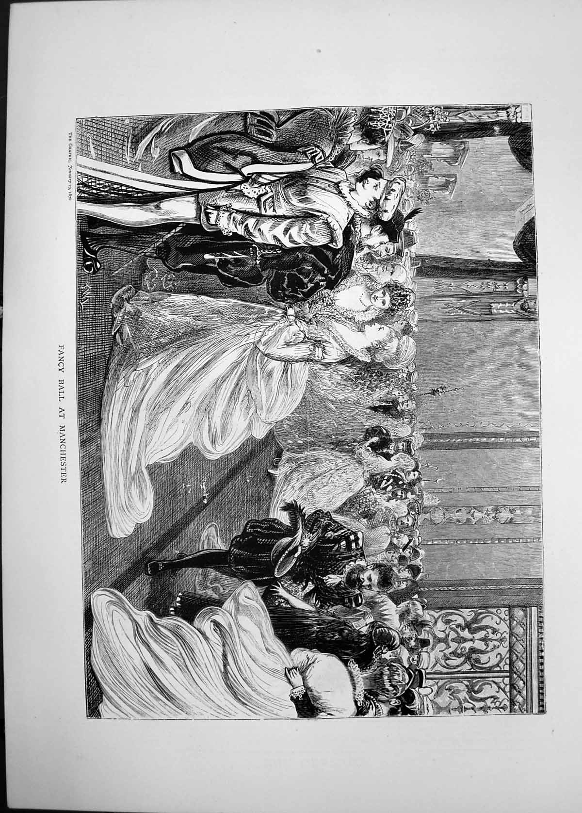 Original Old Antique Print 1870 Fancy Ball Manchester Men Ladies Costumes 19th