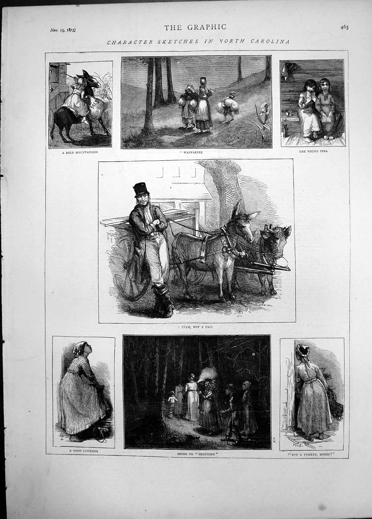 Old Print 1873 North Carolina Ameirca Wayfarers Donkey Cart Turkey Seller 19th