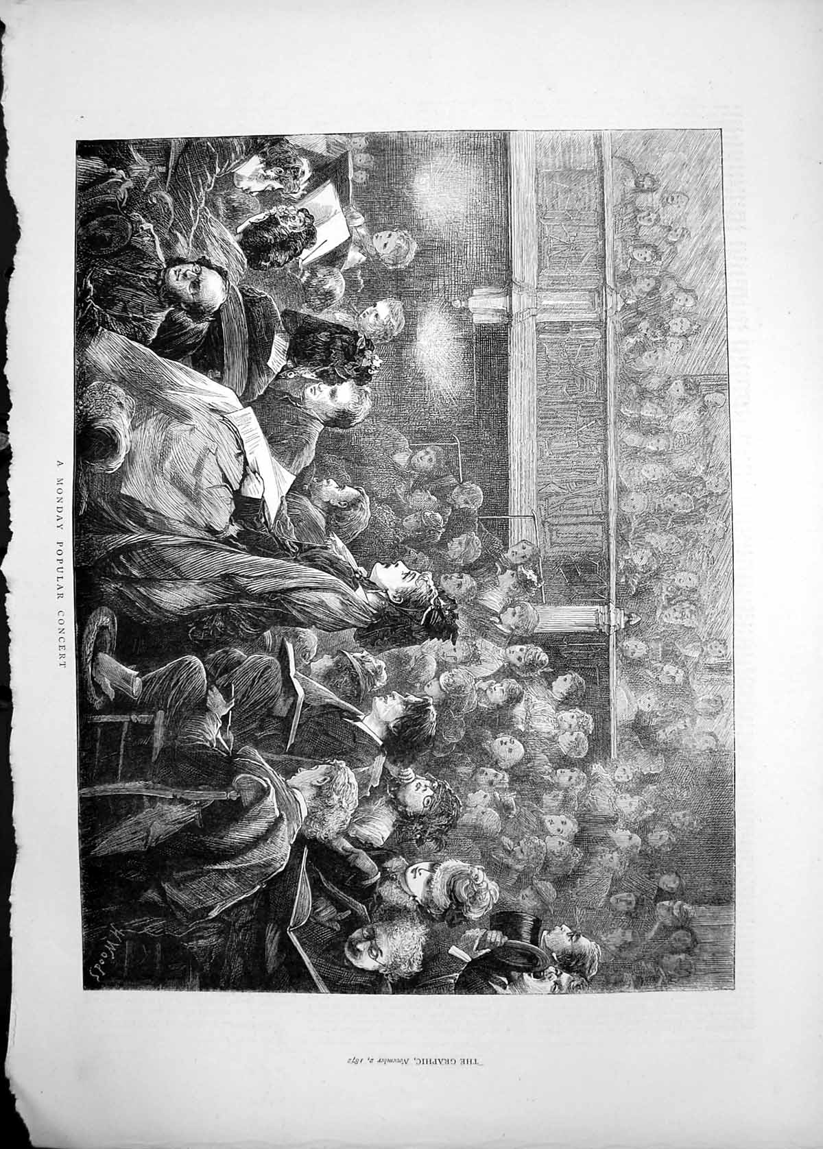 Original Old Antique Print 1872 Scene Monday Popular Music Concert Spectators