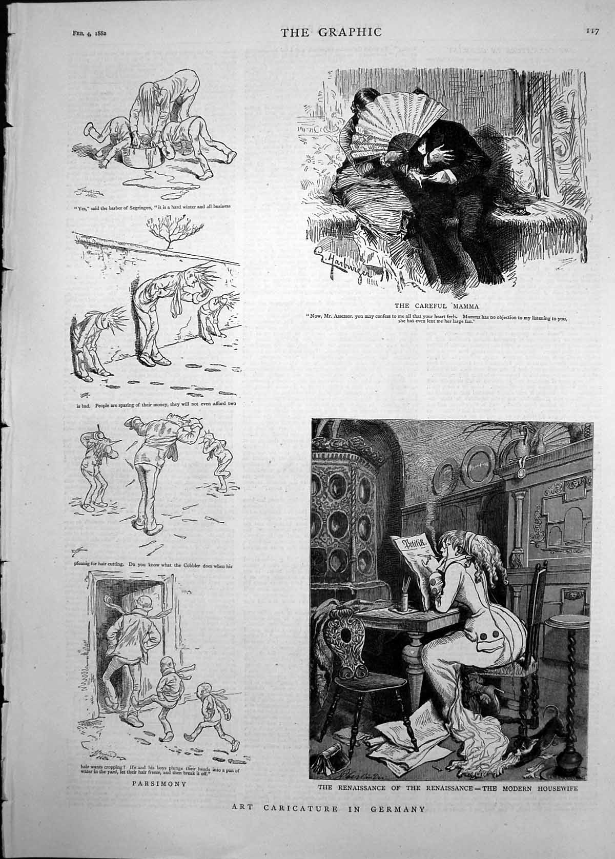 Old 1882 Art Caricature Germany Barber Careful Mamma Renaissance Hous Victorian