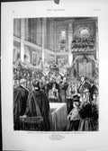Antique Old Print 1873 Serving Boars Head Queens College Oxford Christmas Day