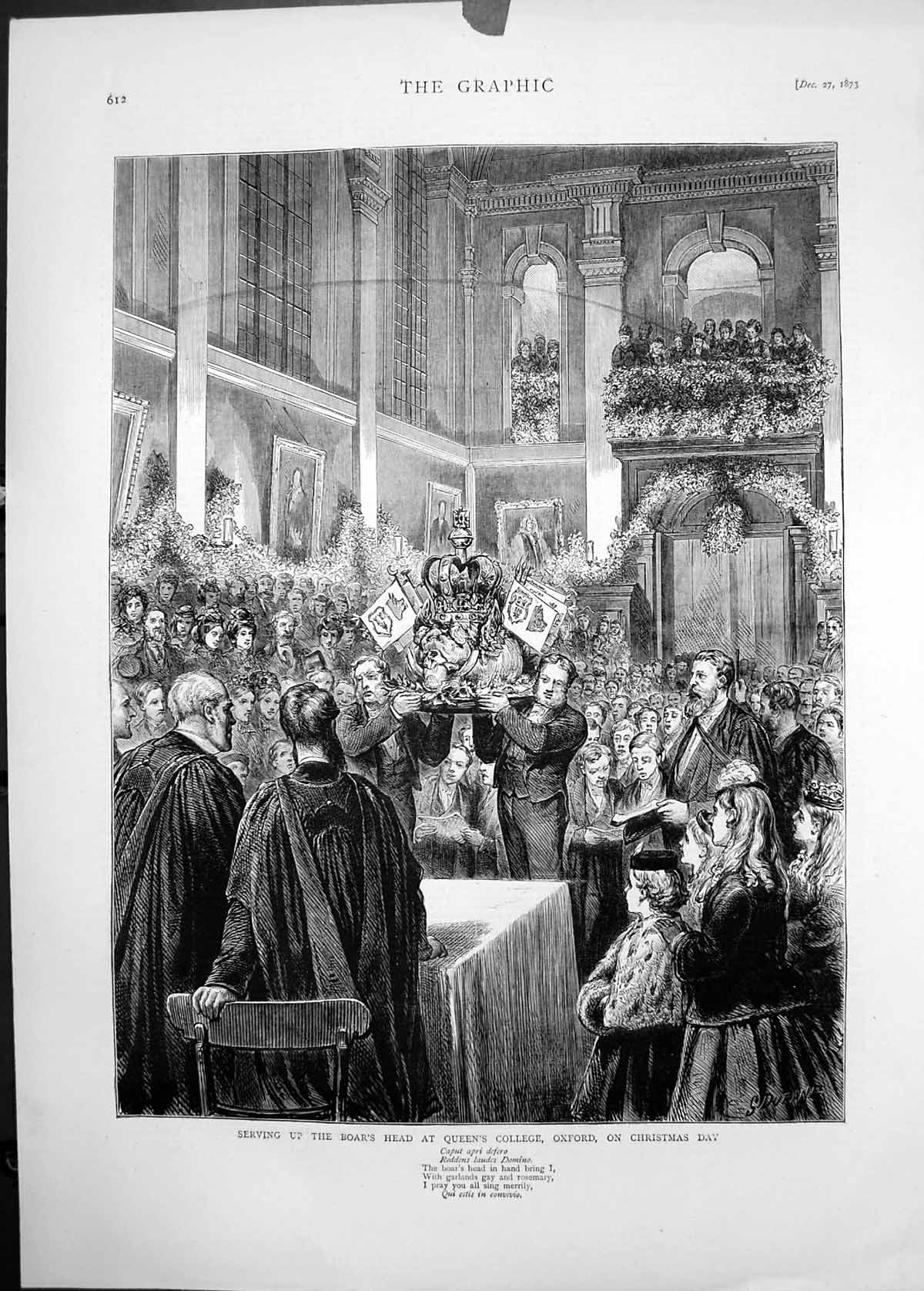 Antique Old Print 1873 Serving Boars Head Queens College Oxford Christmas Day