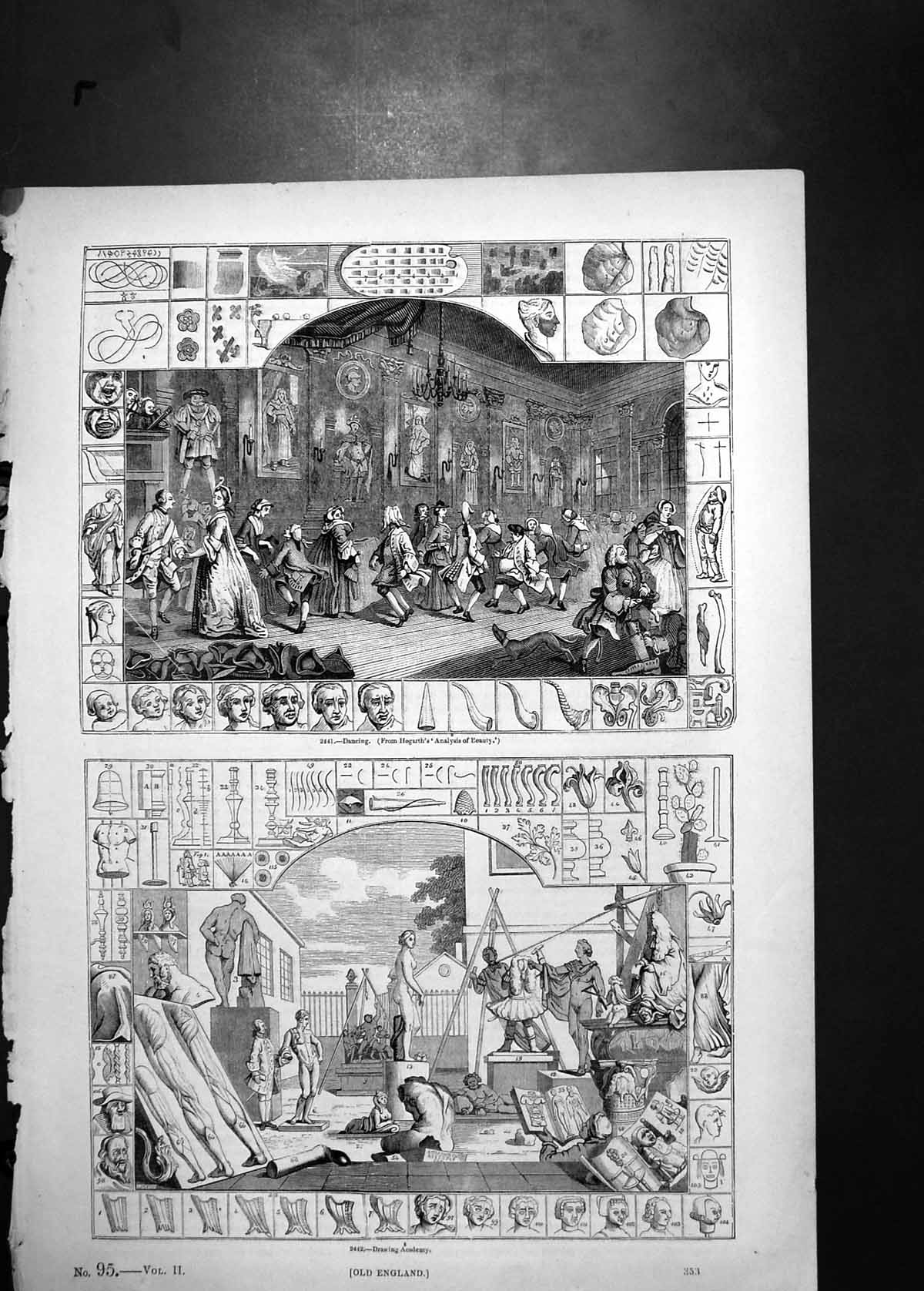 Original Old Antique Print Drawing Academy Sculpture Art Dancing Hogarth