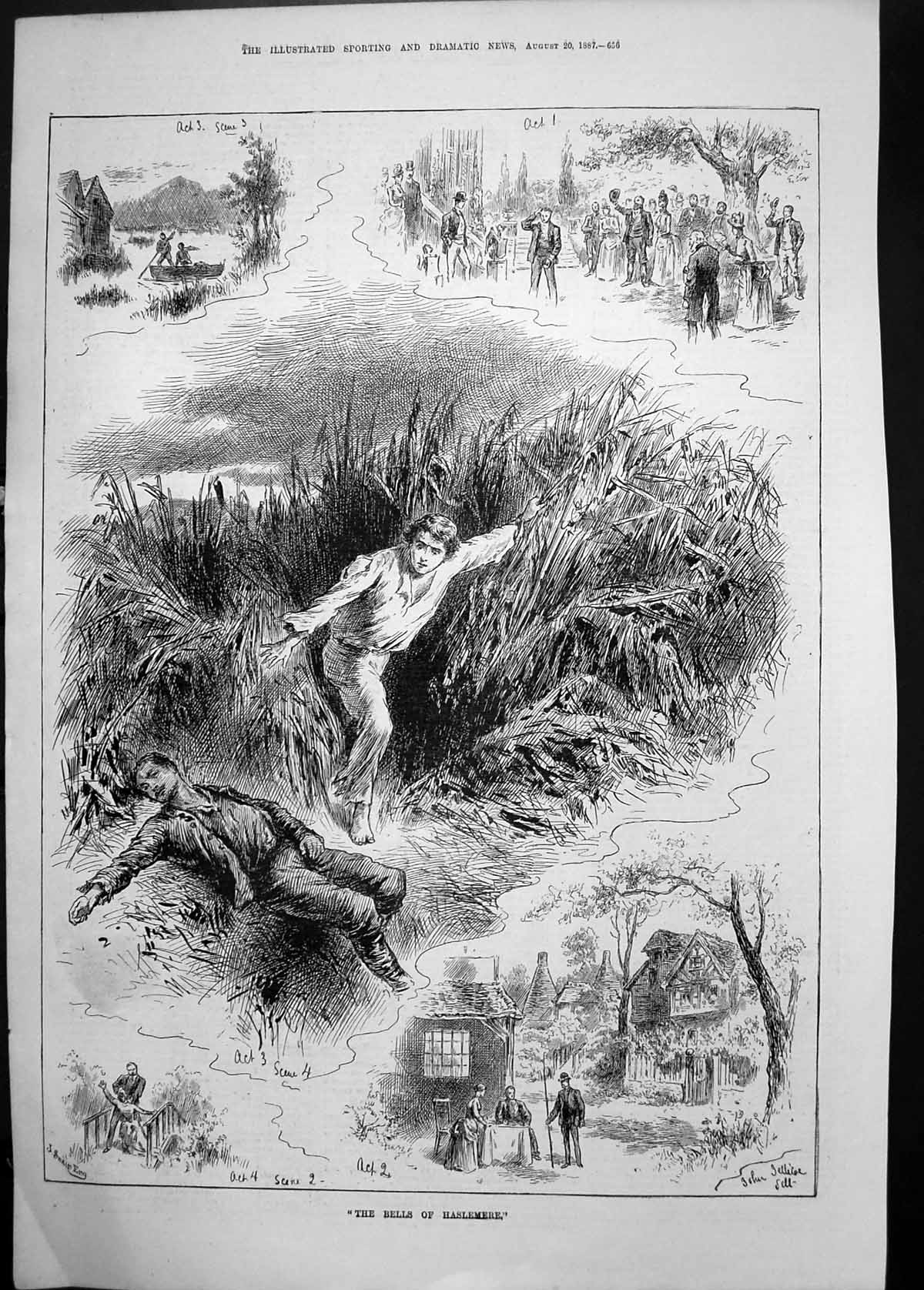 Original Old Antique Print 1887 Bells Haslemere Theatre Scene 19th