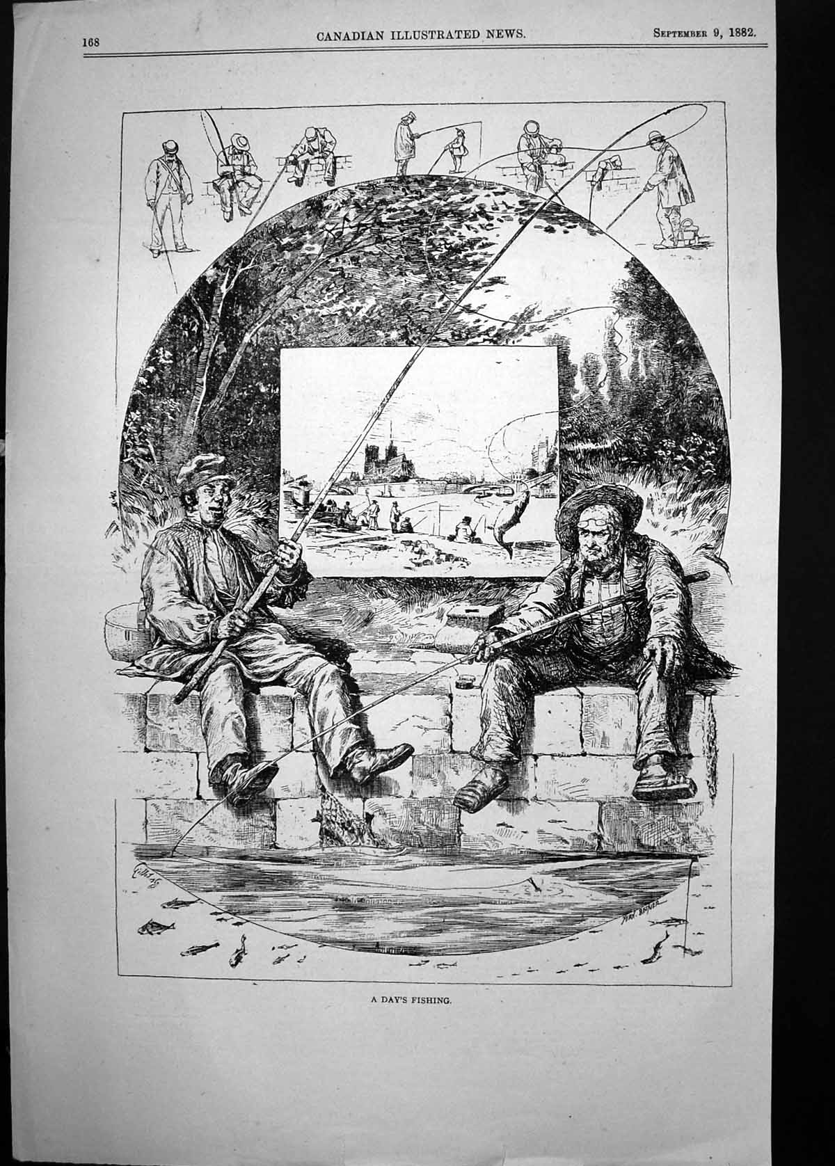 Original Old Antique Print 1882 Day'S Fishing Men Anglers River Scene Sport